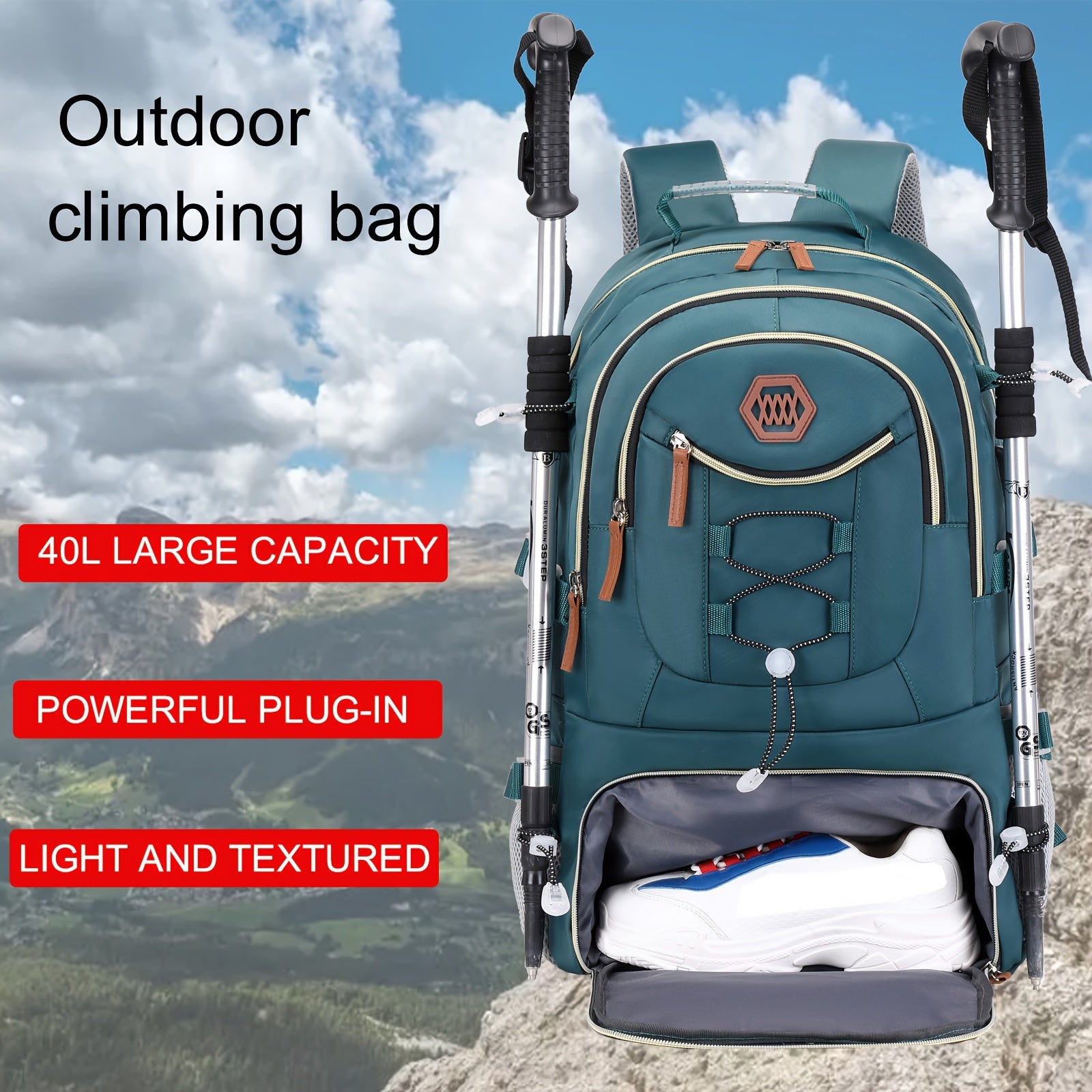 Camping Backpack With Shoe Compartment, Waterproof 43.18 Cm Laptop Schoolbag, Large Capacity Travel Rucksack