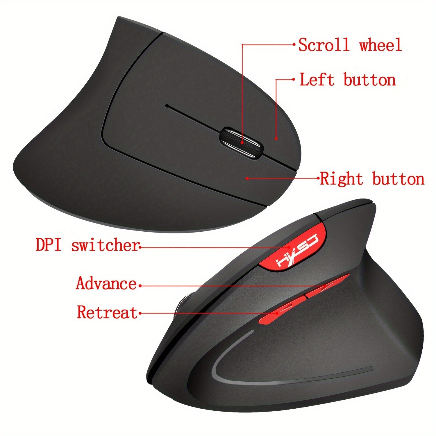 HXSJ Vertical Wireless Mouse Ergonomics 2400DPI Three-speed Adjustable 2.4G Optical Mouse USB Plug And Play Suitable For Home Office