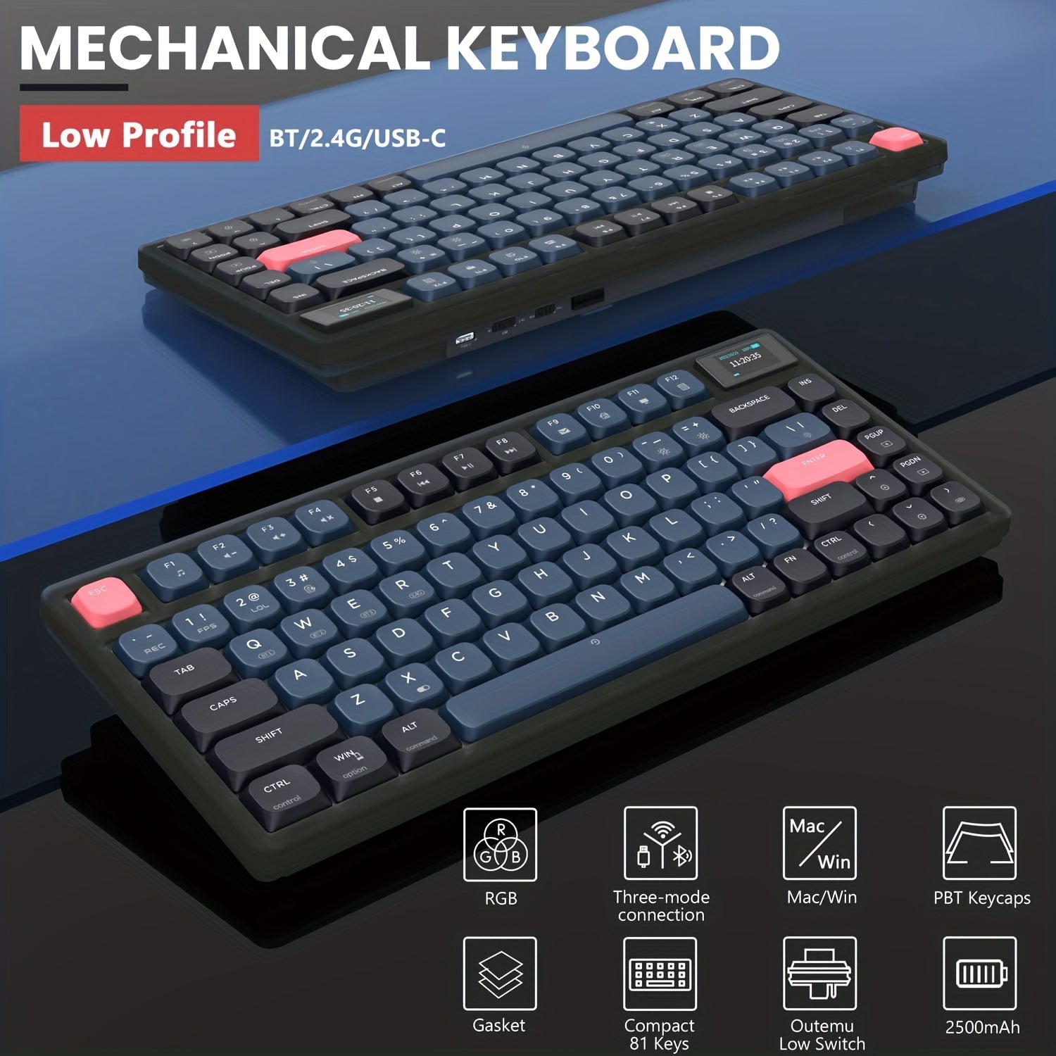 A.JAZZ AK832Pro Wireless Mechanical Gaming Keyboard 75% Low Profile Gasket With 2.4Ghz/ Wireless 5.0/Wired Coiled Cable Screen Display RGB Backlight NKRO TKL For Win Mac Gamer (Ink Red/Blue Switch)