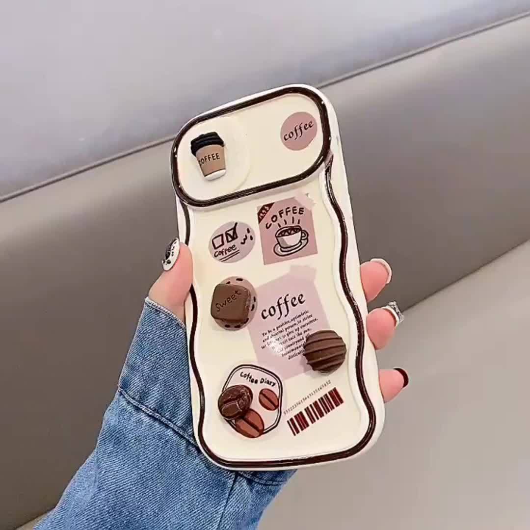 Korean Cute 3D Coffee Push-Pull Camera Protection Phone Case For iPhone 11 12 13 14 15 Pro Max 14 15 Plus XR XS Max Soft Cover