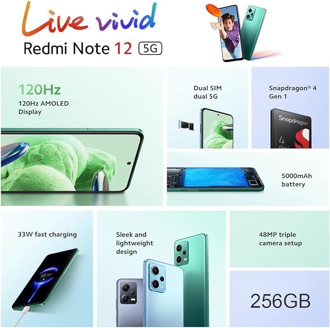 Xiaomi Redmi Note 12 5G (ONYX GRAY 8GB RAM, 256GB) - 120HZ AMOLED DISPLAY | 33W FAST CHARGING | 6NM SNAPDRAGON 4 GEN 1 | 5000MAH BATTERY
