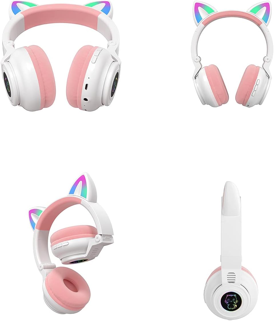 Kids Headphones Wireless Light Up Cat Ear Bluetooth Headphones Over Ear Foldable Headphones Wireless/Wired On-Ear Stereo Headset with Microphone LED Light (WHITE)
