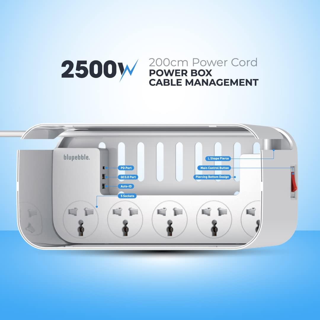 Blupebble 2 in 1 Power Strip with Cable Management - Box 5 Universal Power Sockets, 1*QC3.0 USB Port, 1*USB Port, 1*USB-C Port - Live a Clutter Free life