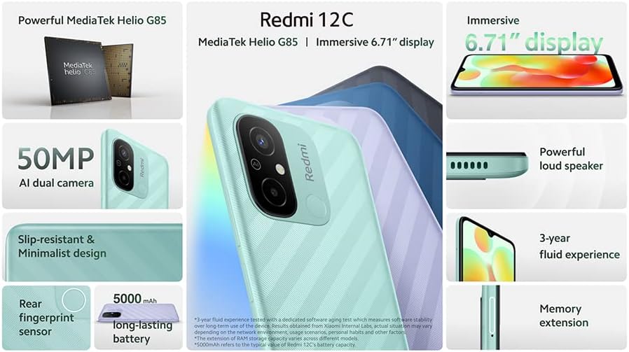 Xiaomi Redmi (Ocean Blue 6GB RAM, 128 Storage) Powerful MediaTek Helio G85 Immersive 6.71 inch HD+ display 50MP AI dual camera 5000mAh long-lasting battery, Ocean Blue, C3T, Redmi 12C