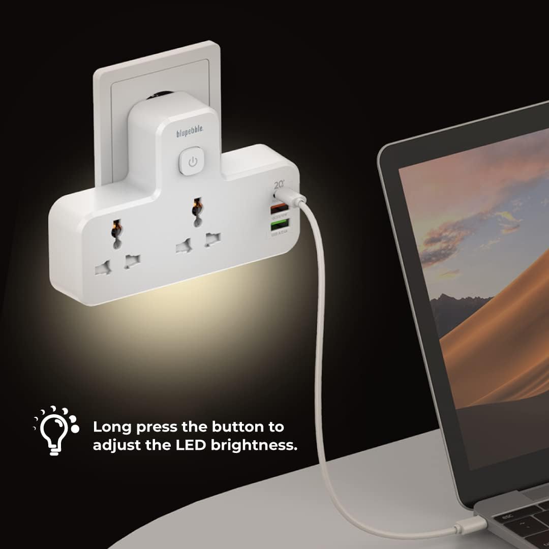 Blupebble Surge Protection Wall Adapter with 20W, 2 Port, 1*PD + 1*QC3.0 + 1*USB Universal Power Socket And Night Light