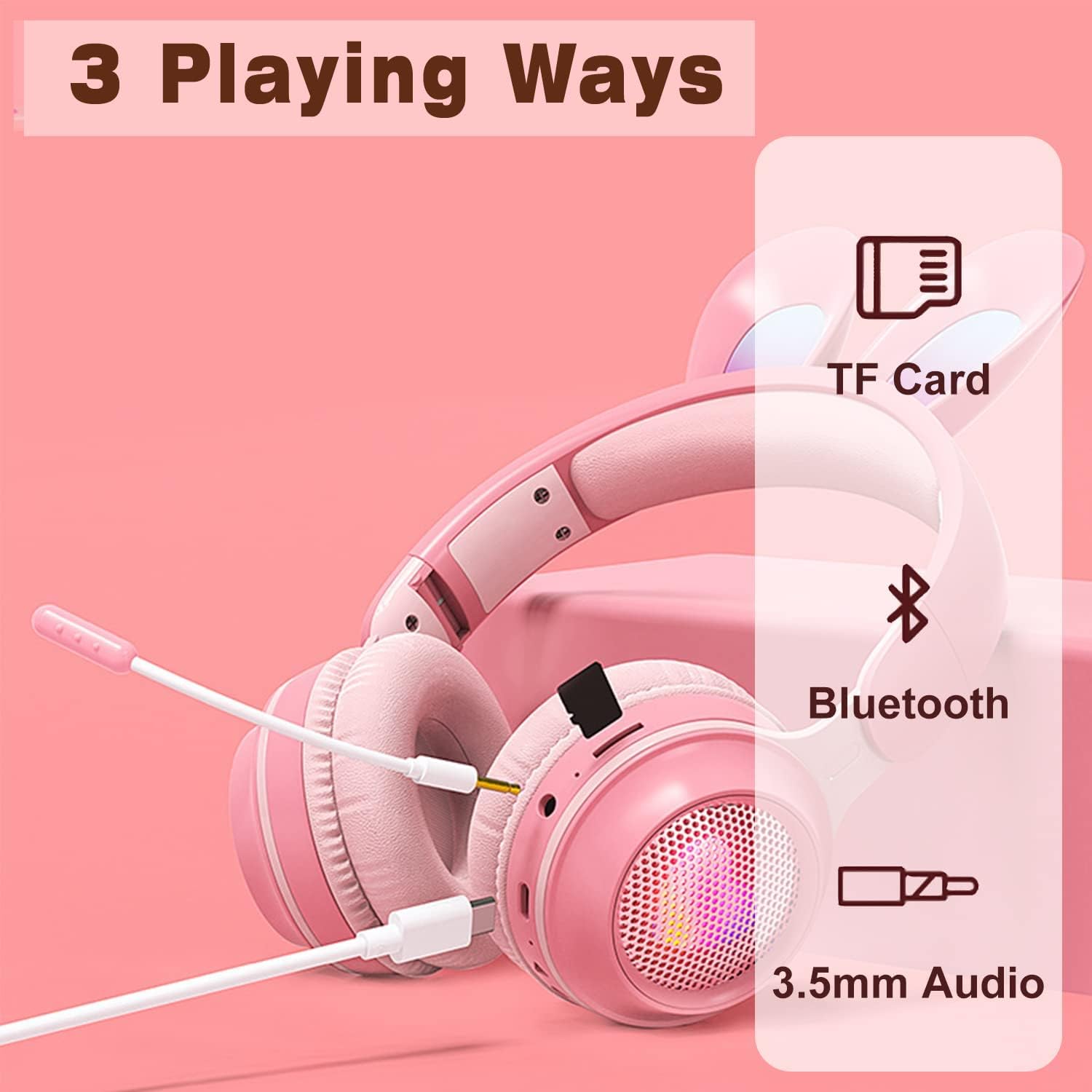 Excefore Over Ear Headphone, Bluetooth Headphones for Kids, Wireless Foldable Kids Headset with LED Rabbit Ears Removeable Noise Cancelling Microphone for Girls on School, Travel, Gaming (Pink)