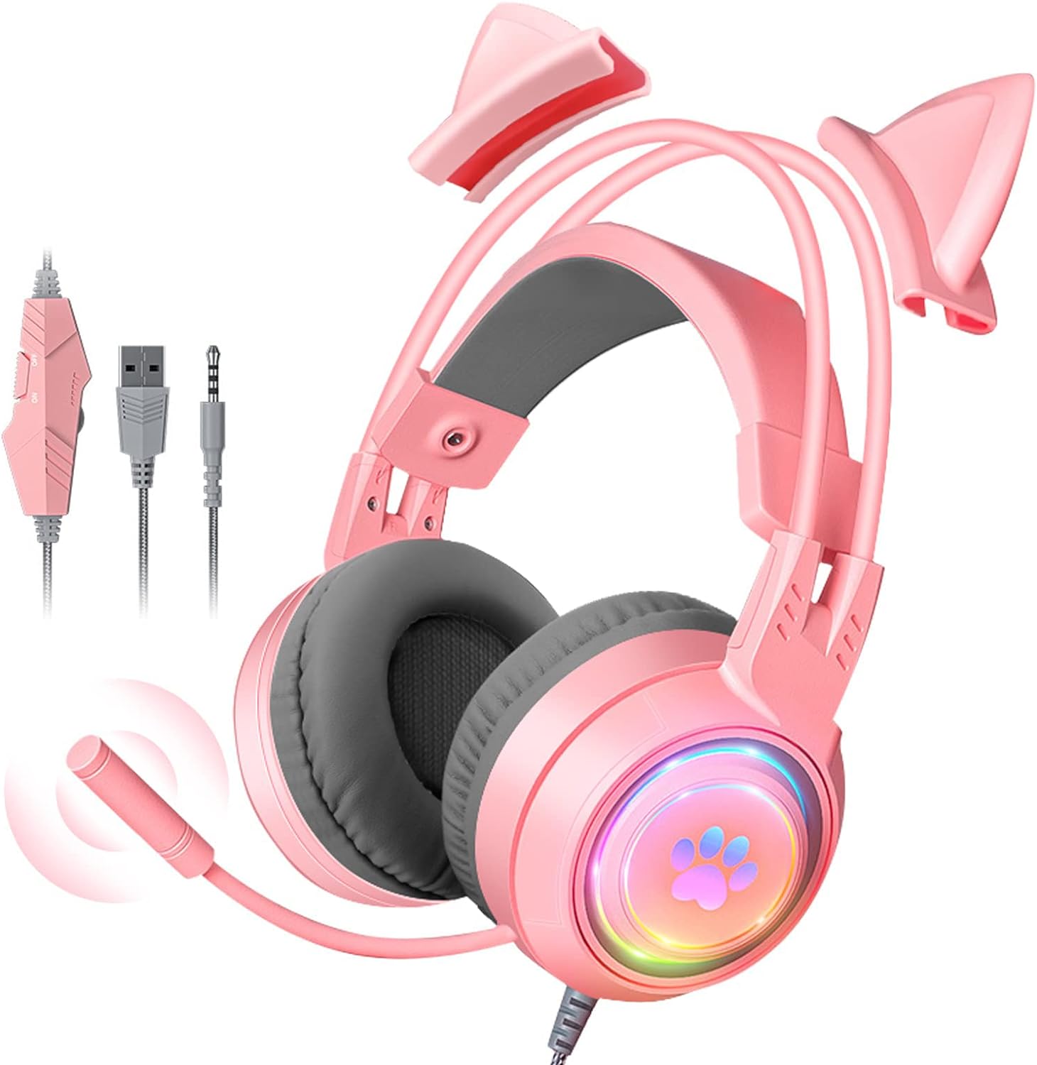 Bluetooth Wireless Headphones, Over Ear Headphones, Cat Ear Kids Gaming Headset with Microphone for Laptop/PC /PS4 /PS5 /Xbox/Nintendo Switch, RGB Light Up 3.5mm Wired USB Headset (Pink)