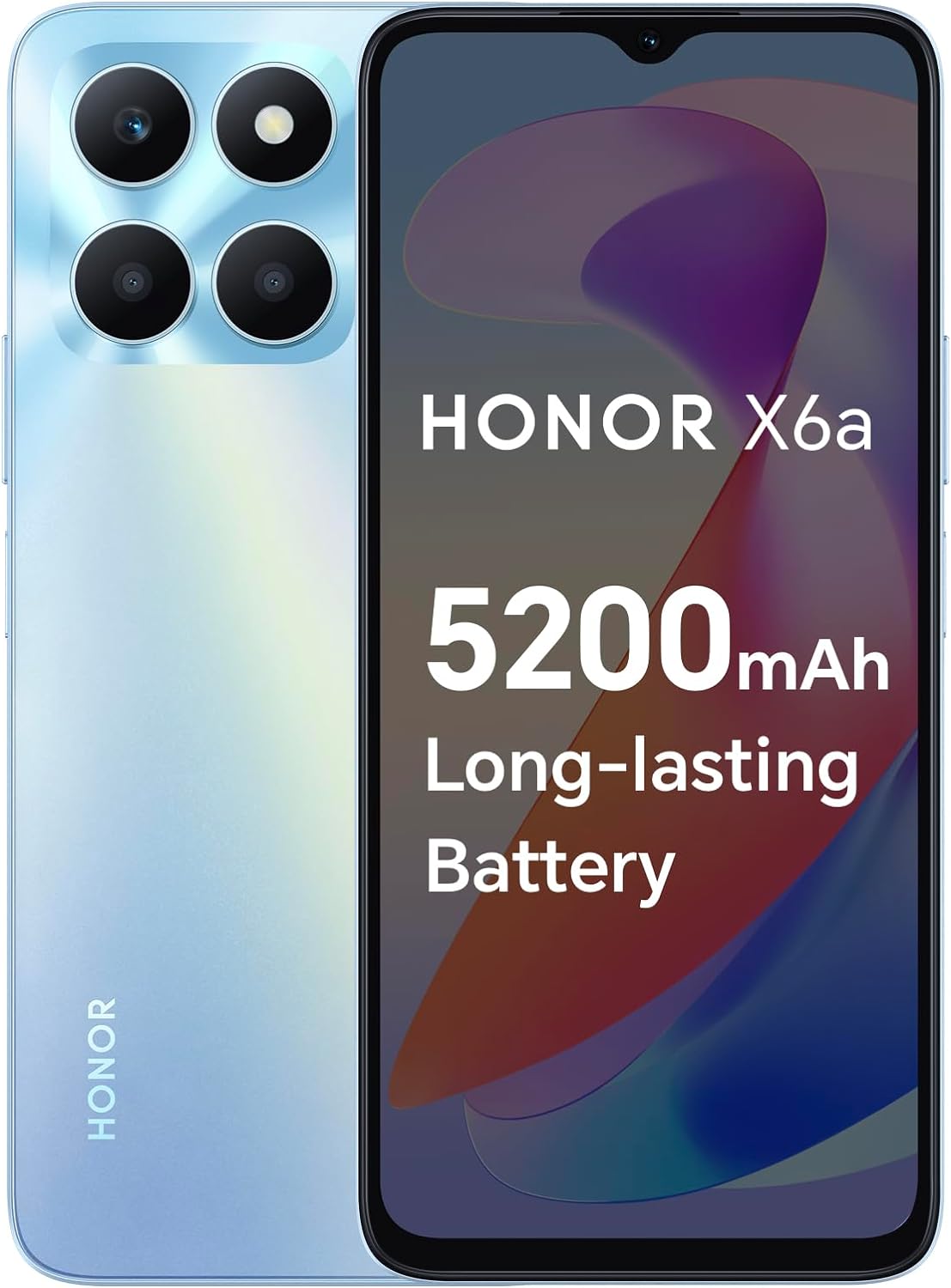 HONOR X6a Mobile Phone Unlocked, 6.5-Inch 90Hz Fullview Display, 4GB+128GB, 5200 mAh Long-lasting Battery, 50MP Triple Camera, Android 13, Cyan Lake