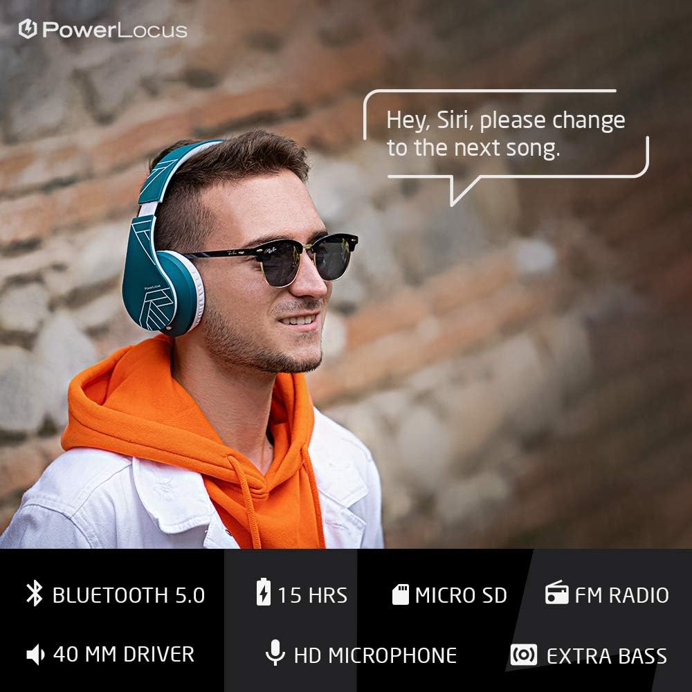 PowerLocus Bluetooth Headphones Over Ear, Wireless Bluetooth Headphones with Microphone, Foldable, Hi-Fi Stereo Sound, Soft Memory Foam Earpads, Micro SD/TF and FM mode for Phone/PC/Tablet