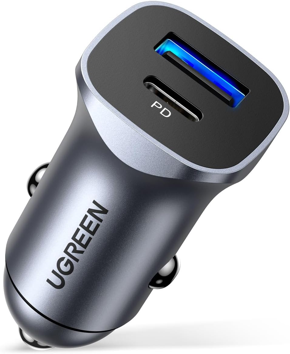 UGREEN PD 24W Car Charger Fast Charging Dual USB Car Plug Adapter Car Charger Type C Compatible with iPhone 15 Pro Max/15 Pro/15/14/13 Pro Max/12/11, iPad Pro/mini 6,Samsung S23/S22, Huawei Mate20,etc