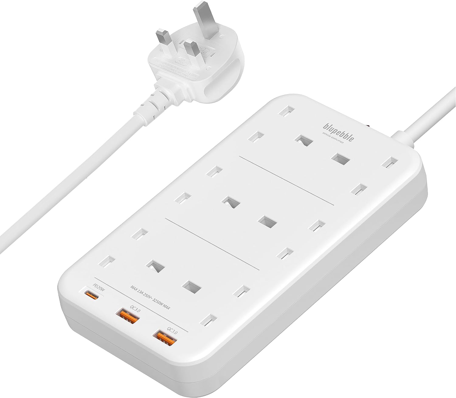 Blupebble 6 Plug Surge Protection Power Strip 6 Type-G Outlets + PD20W USB-C Port+ 2 USB-A Ports With 1.5 Meters Cord Length