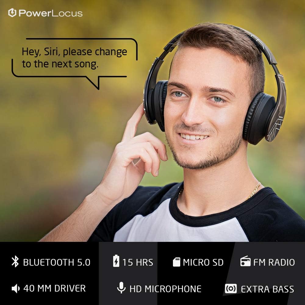 PowerLocus Bluetooth Headphones Over Ear, Wireless Bluetooth Headphones with Microphone, Foldable, Hi-Fi Stereo Sound, Soft Memory Foam Earpads, Micro SD/TF and FM mode for Phone/PC/Tablet