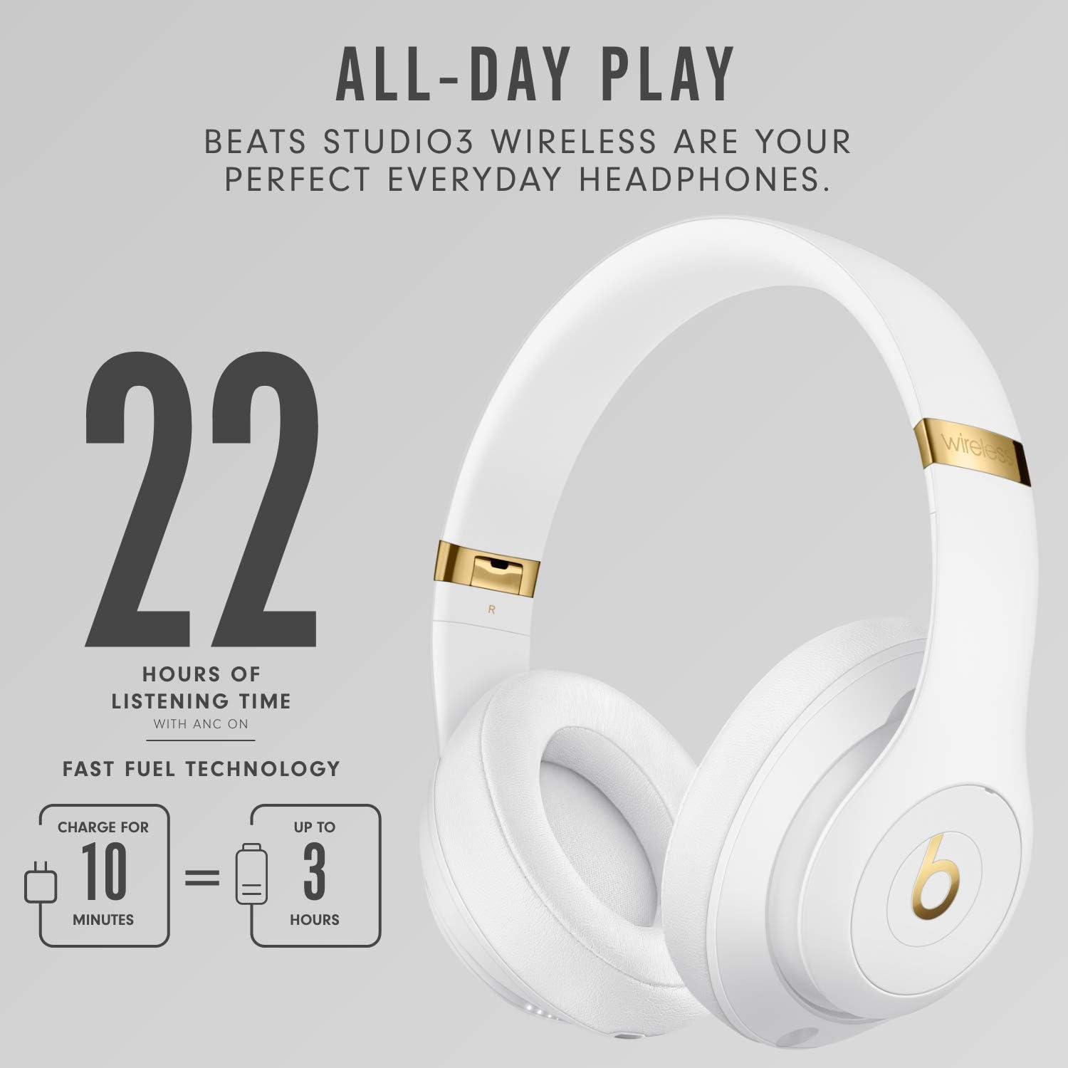 Beats Studio3 Wireless Noise Cancelling Over-Ear Headphones - Apple W1 Headphone Chip, Class 1 Bluetooth, Active Cancelling, 22 Hours Of Listening Time, Built-in Microphone White