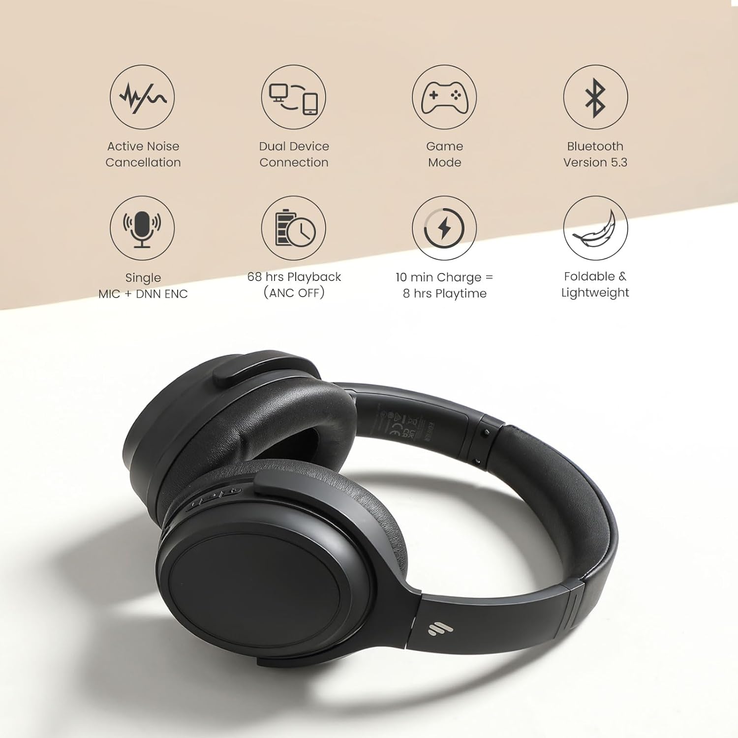 Edifier WH700NB Wireless Active Noise Cancellation Over-Ear Headphones, Bluetooth 5.3 Foldable Lightweight Headset, Dual Device Connection, 68-Hour Battery Life, for Travel, Home Office - Black