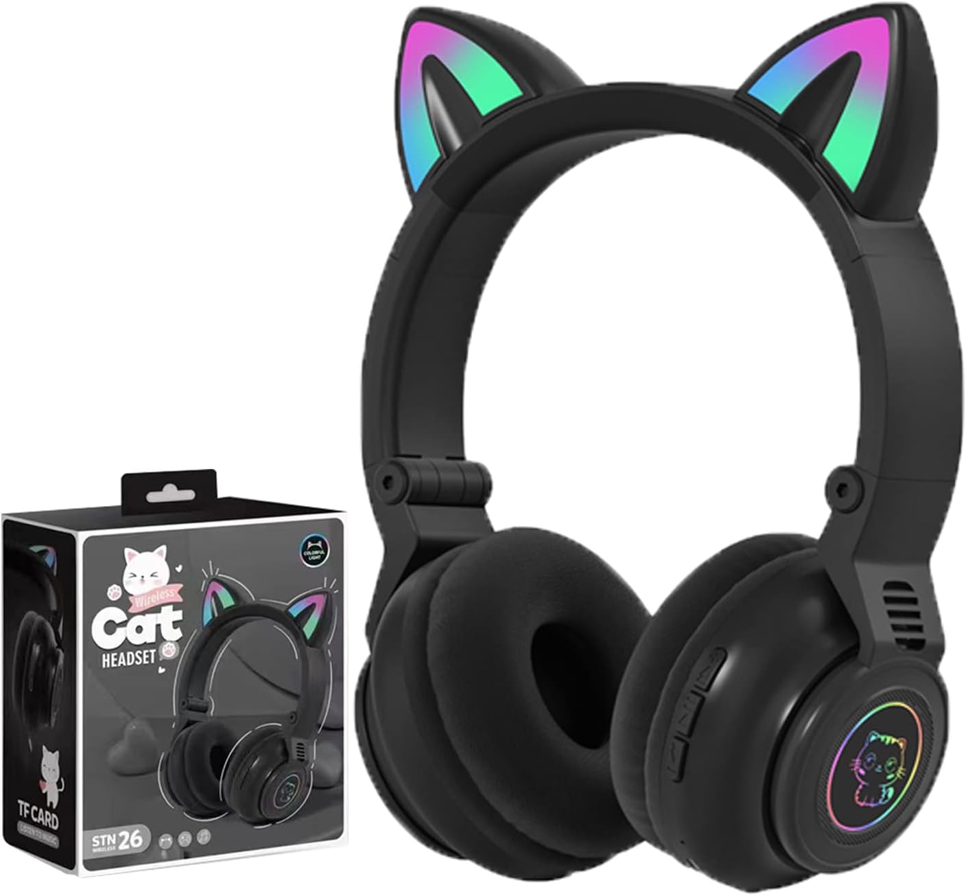 Kids Headphones Wireless Light Up Cat Ear Bluetooth Headphones Over Ear Foldable Headphones Wireless/Wired On-Ear Stereo Headset with Microphone LED Light (WHITE)