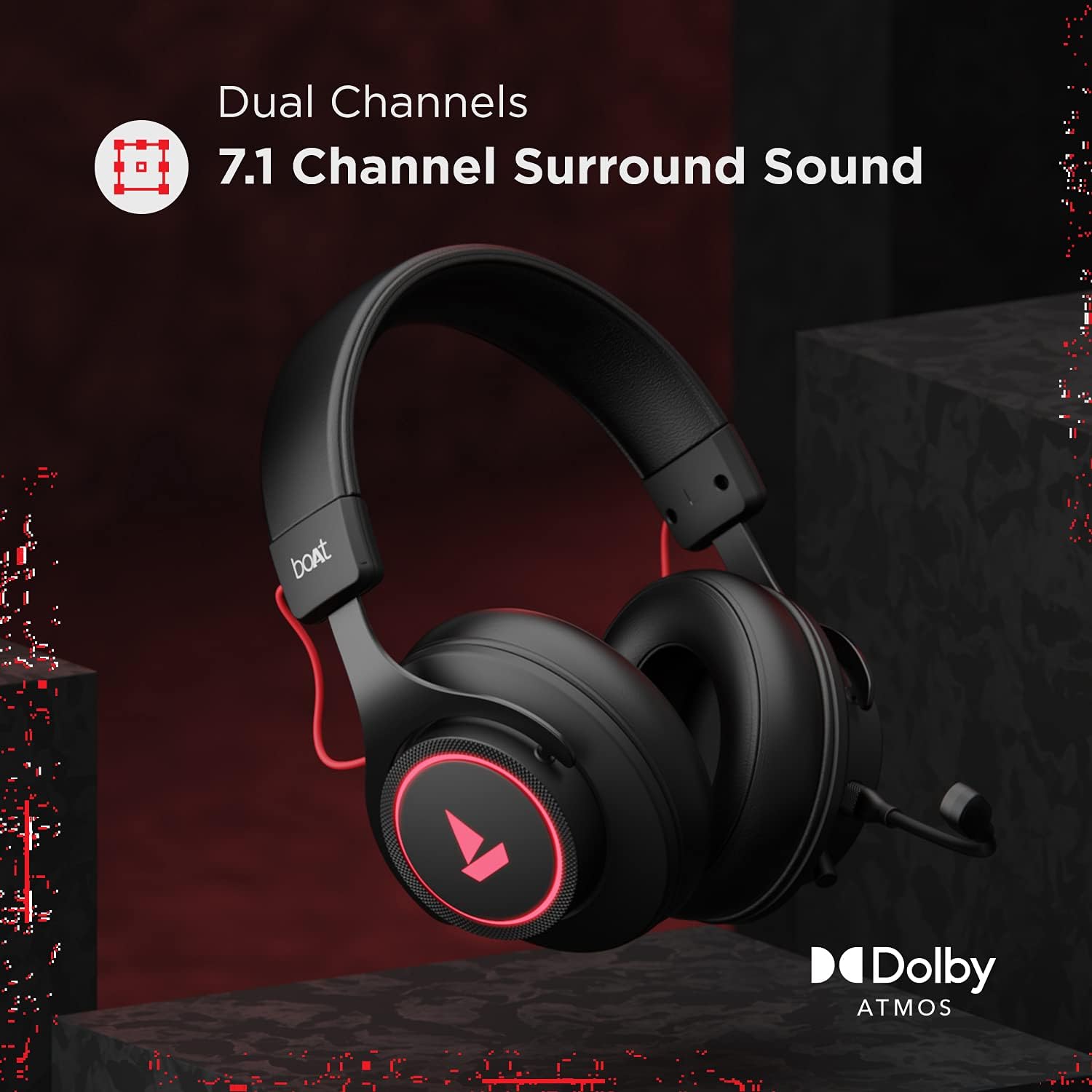 boAt Immortal IM1000D Dual Channel Gaming Wired Over Ear Headphones with mic, 7.1 Channel Surround Audio, Dolby Atmos, 50mm Drivers & RGB Breathing LEDs(Black Sabre)