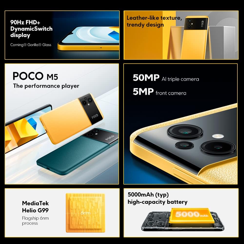POCO M5 - Smartphone 4+128GB, 6.58 Inch 90Hz FHD+ DotDrop Display, MediaTek Helio G99, 50MP AI triple camera, 5000mAh, NFC, Black (UK Version + 2 Years Warranty)