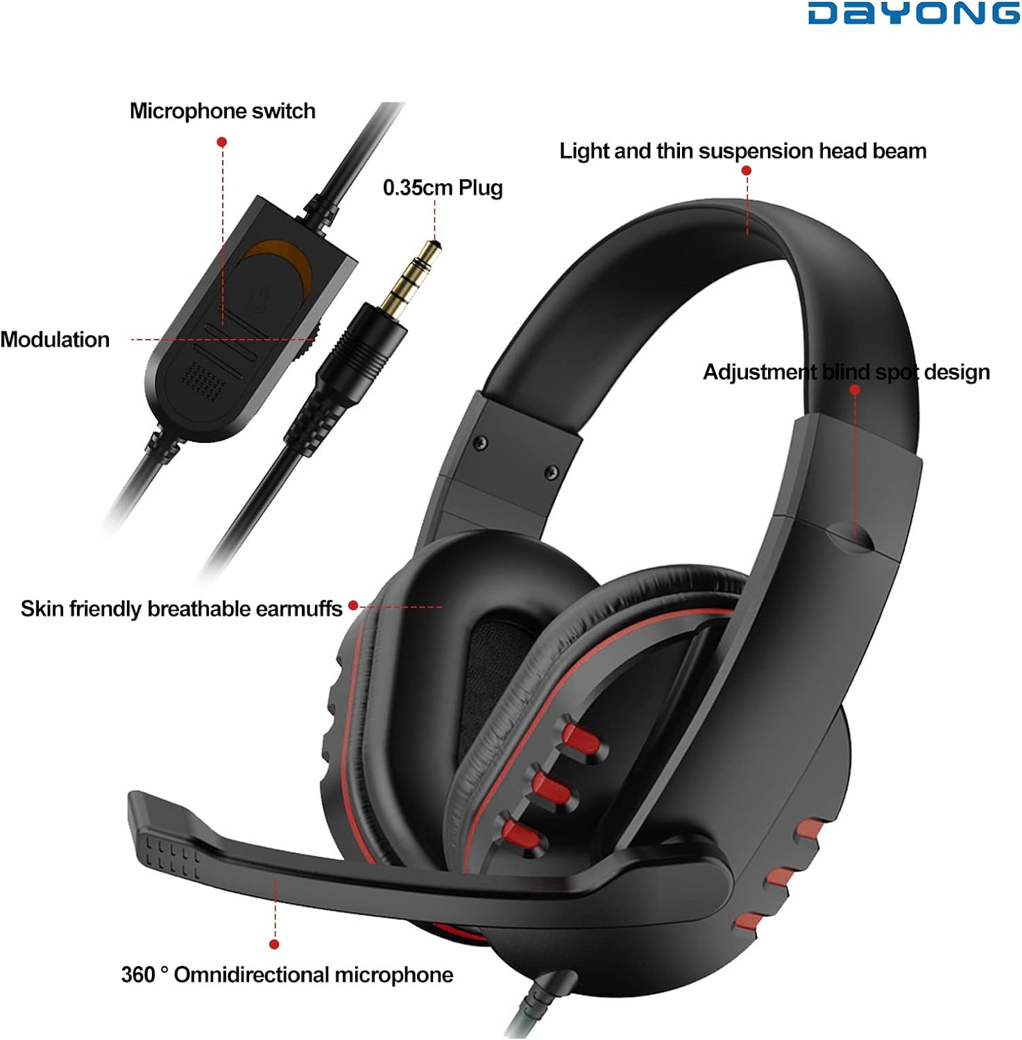 DAYONG Gaming Headset,3.5mm Wired Over-Head Stereo Headband Noise Isolating Over Ear Headphone,Game Headset with Microphone Volume Control,Compatible with Laptop,PS4 (Black/Red)