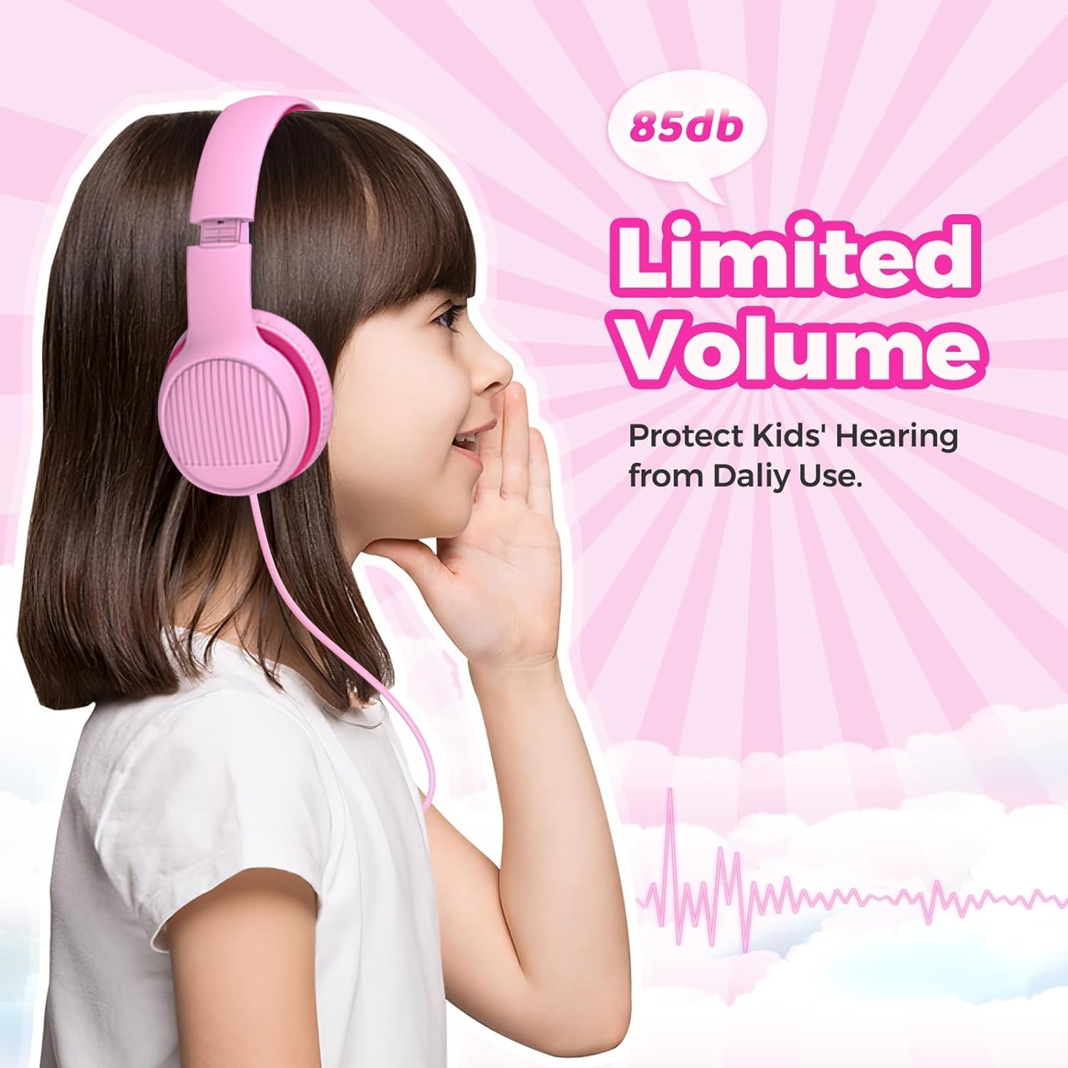 Kids Headphones with 85dB/94dB Volume Limited, in-line HD Mic, Audio Sharing, Foldable Toddler Headphones, Adjustable, Children Headphones Over-Ear for School Travel (Pink)