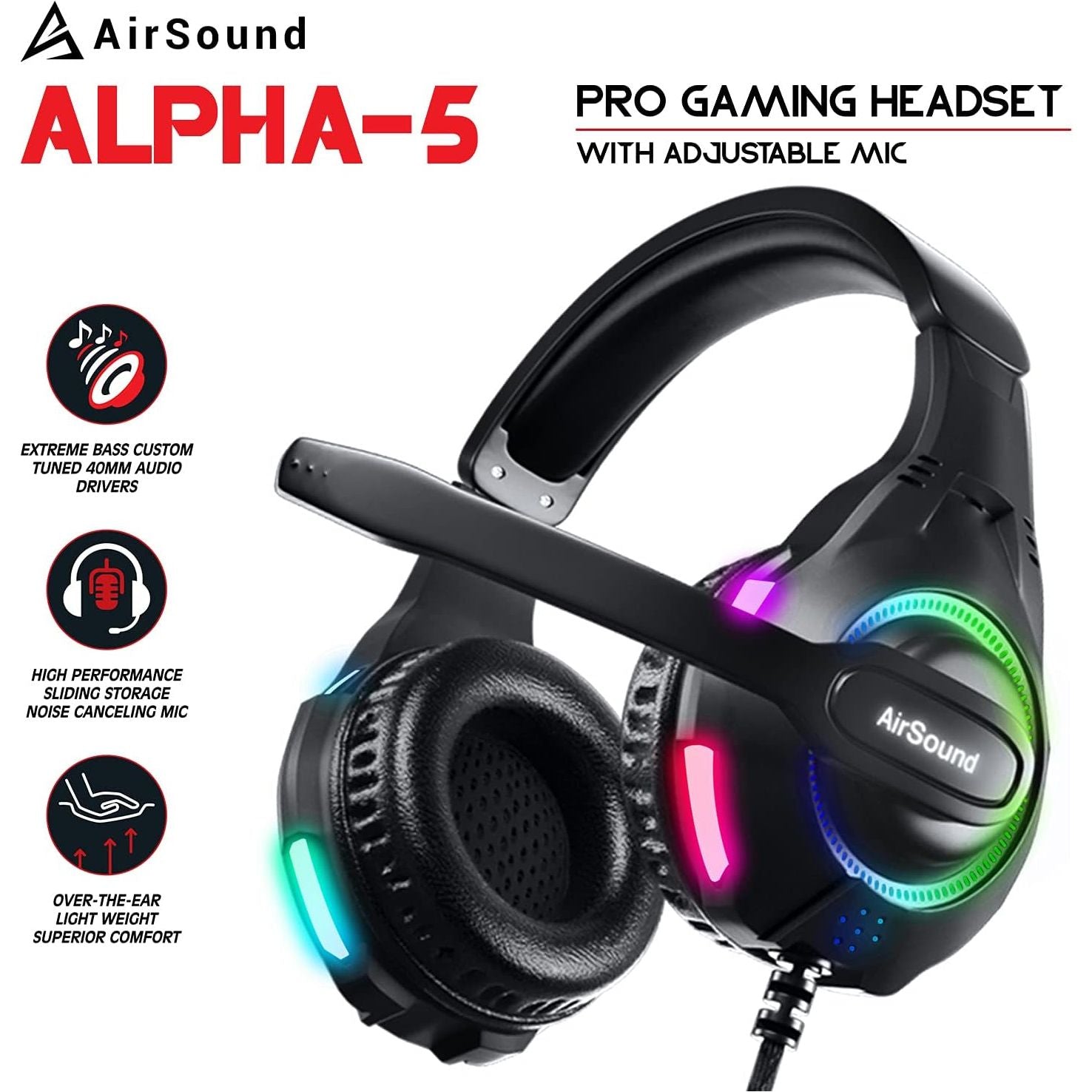 Airsound Alpha-5 Stereo Gaming Headset For Ps4 Pc Xbox One Ps5 Controller, Noise Cancelling Over-Ear Headphones With Mic, Rbg Led, Bass Surround, Soft Memory Earmuffs For Laptop Mac Nintendo Nes Games