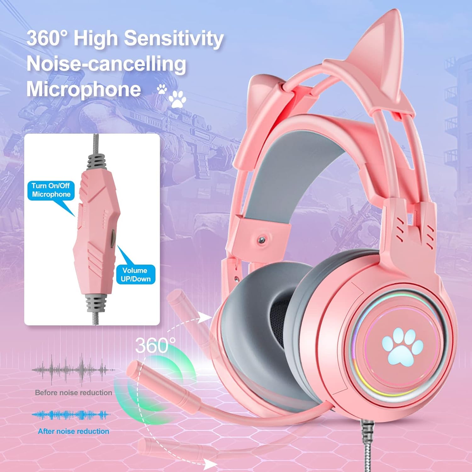 Bluetooth Wireless Headphones, Over Ear Headphones, Cat Ear Kids Gaming Headset with Microphone for Laptop/PC /PS4 /PS5 /Xbox/Nintendo Switch, RGB Light Up 3.5mm Wired USB Headset (Pink)
