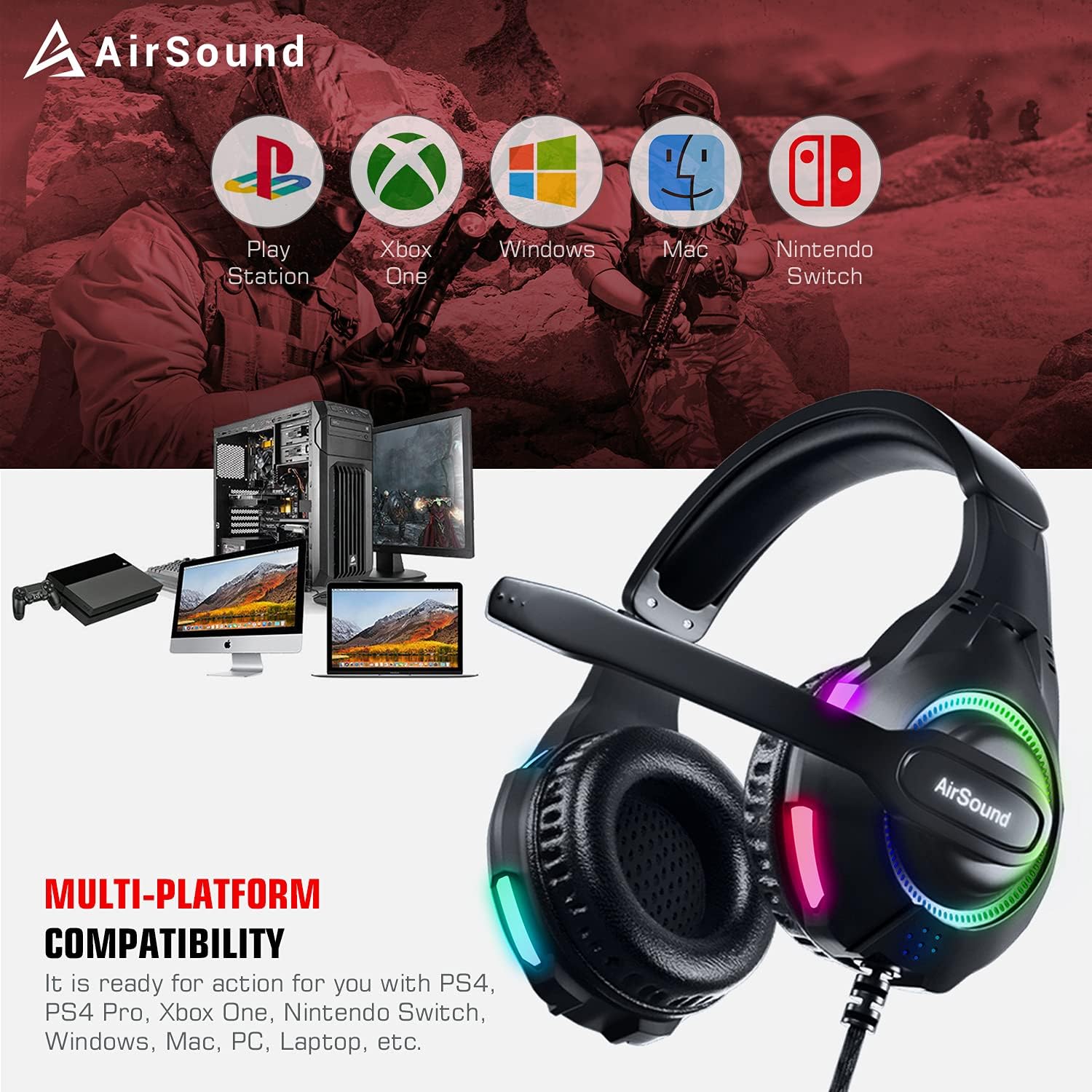 Airsound Alpha-5 Stereo Gaming Headset For Ps4 Pc Xbox One Ps5 Controller, Noise Cancelling Over-Ear Headphones With Mic, Rbg Led, Bass Surround, Soft Memory Earmuffs For Laptop Mac Nintendo Nes Games