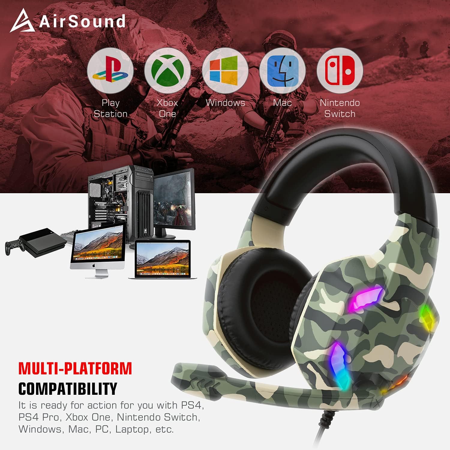 Airsound Alpha-6 Stereo Gaming Headset For Ps4 Pc Xbox One Ps5 Controller, Noise Cancelling Over-Ear Headphones With Mic, Rbg Led, Bass Surround, Soft Memory Earmuffs For Laptop Mac Nintendo Nes Games