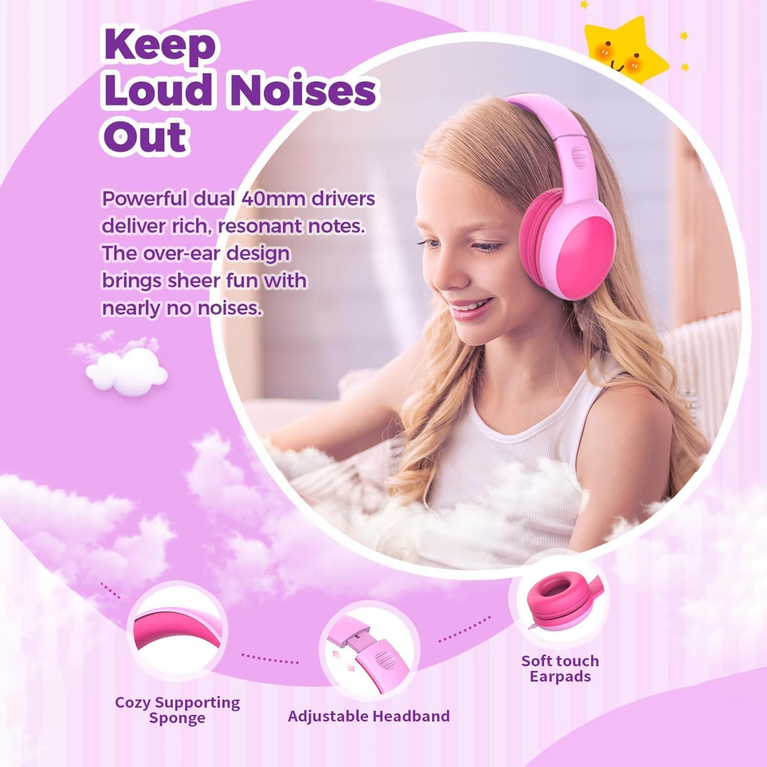 Bluetooth Kids Headphones with Microphone,Children's Wireless Headsets with 85dB Volume Limited Hearing Protection,Stereo Over-Ear Headphones for Boys and Girls (Pink)