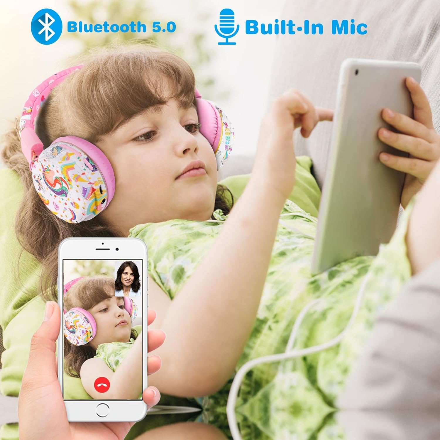 Unicorn Wireless Headphones for Kids, Unicorn Headphones for Girls, Childrens Bluetooth Headphones with Microphone, Adjustable Toddler Headphone Over Ear for Age 2+, Compatible with iPad/Fire Tablet