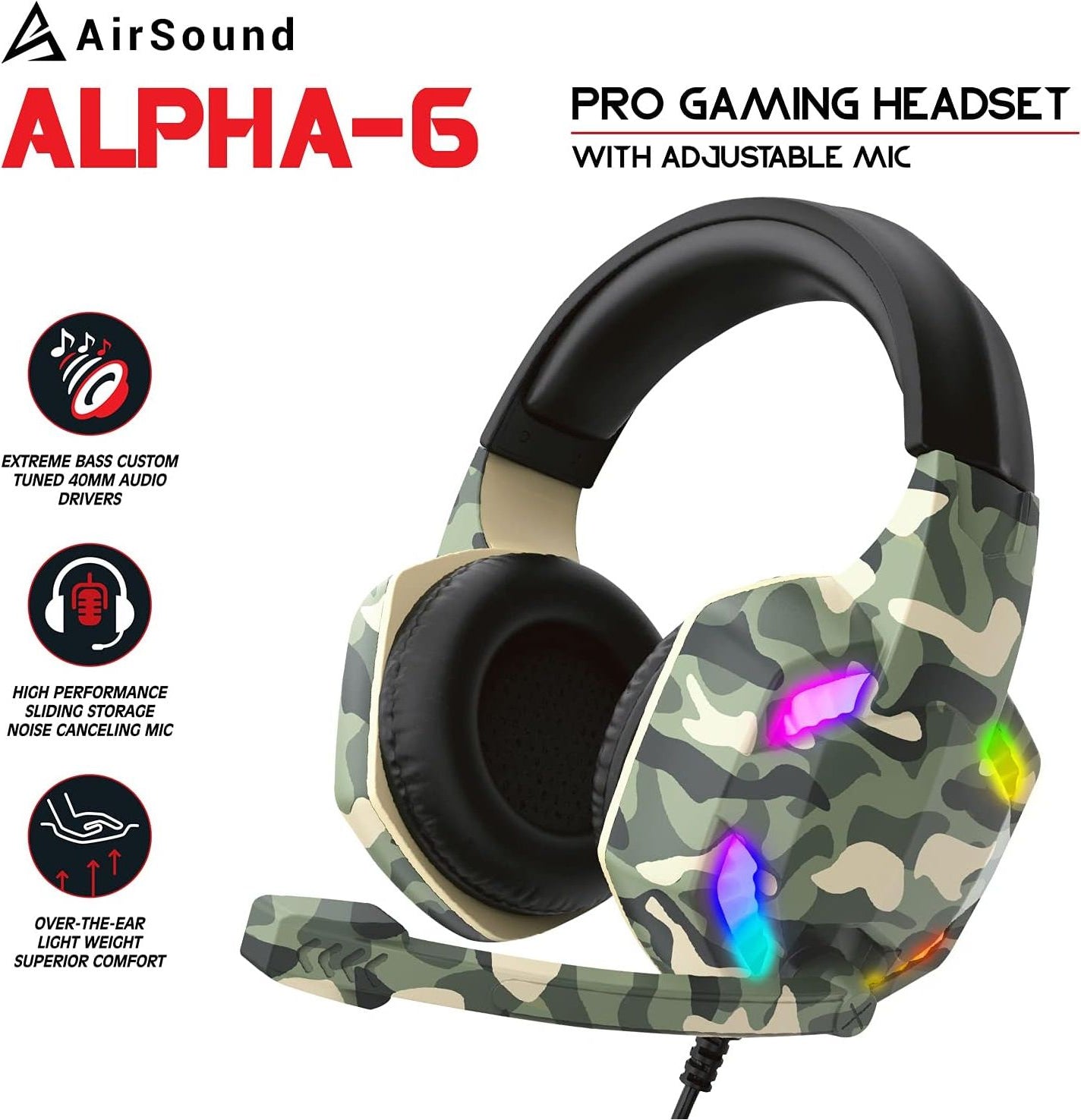 Airsound Alpha-6 Stereo Gaming Headset For Ps4 Pc Xbox One Ps5 Controller, Noise Cancelling Over-Ear Headphones With Mic, Rbg Led, Bass Surround, Soft Memory Earmuffs For Laptop Mac Nintendo Nes Games