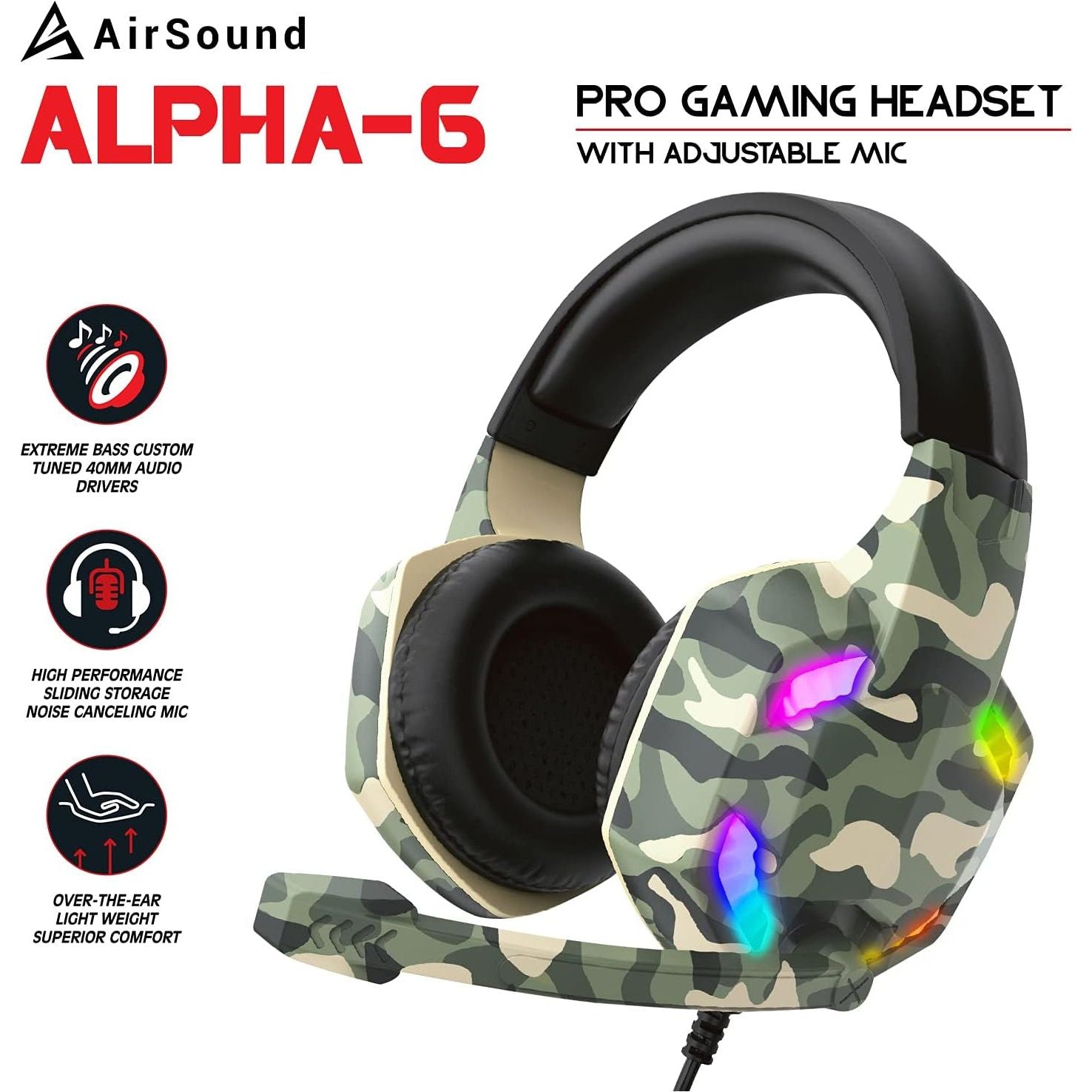 Airsound Alpha-6 Stereo Gaming Headset For Ps4 Pc Xbox One Ps5 Controller, Noise Cancelling Over-Ear Headphones With Mic, Rbg Led, Bass Surround, Soft Memory Earmuffs For Laptop Mac Nintendo Nes Games