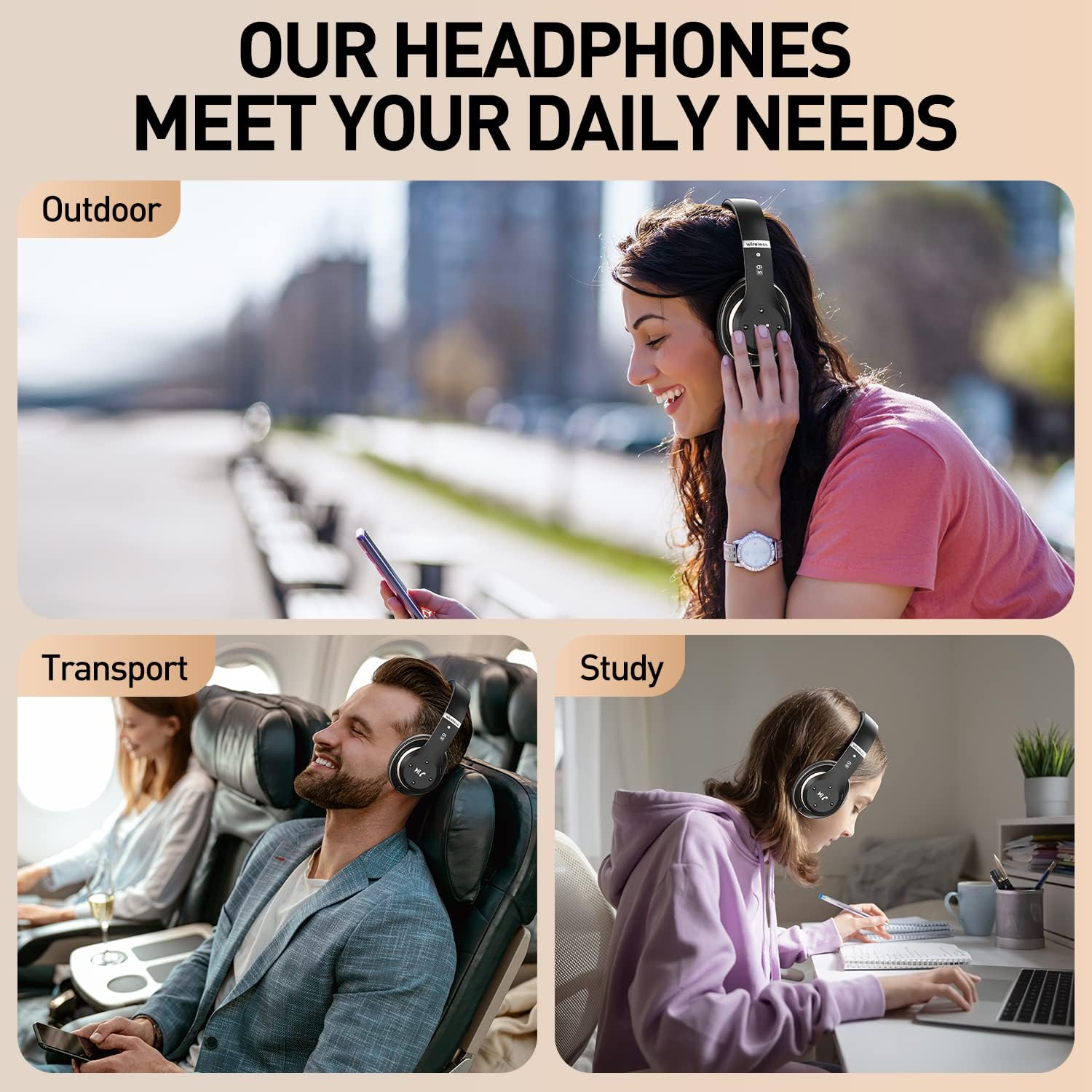 Bluetooth Headphones Over Ear, 40 Hours Playtime Foldable Wireless Headphones with 6EQ Modes, Headphones with Built-in Mic, Headset Wireless and Wired Hi-Fi Stereo, FM/TF for Mobile/PC/TV (Black)