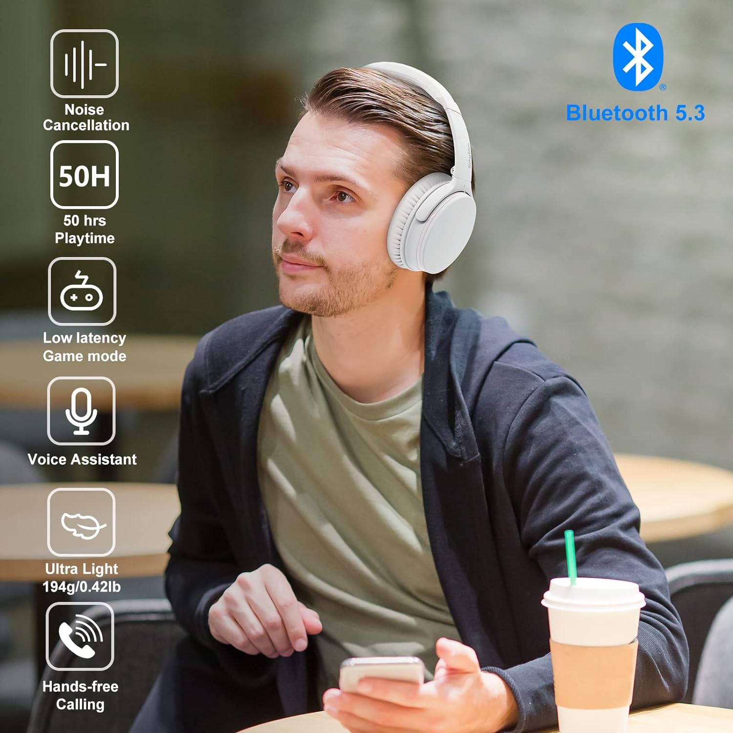 Srhythm NC25 Active Noise Cancelling Headphones Bluetooth 5.3, ANC Stereo Headset Over-Ear with Hi-Fi,Mic,50H Playtime,Voice Assistant,Low Latency Game Mode