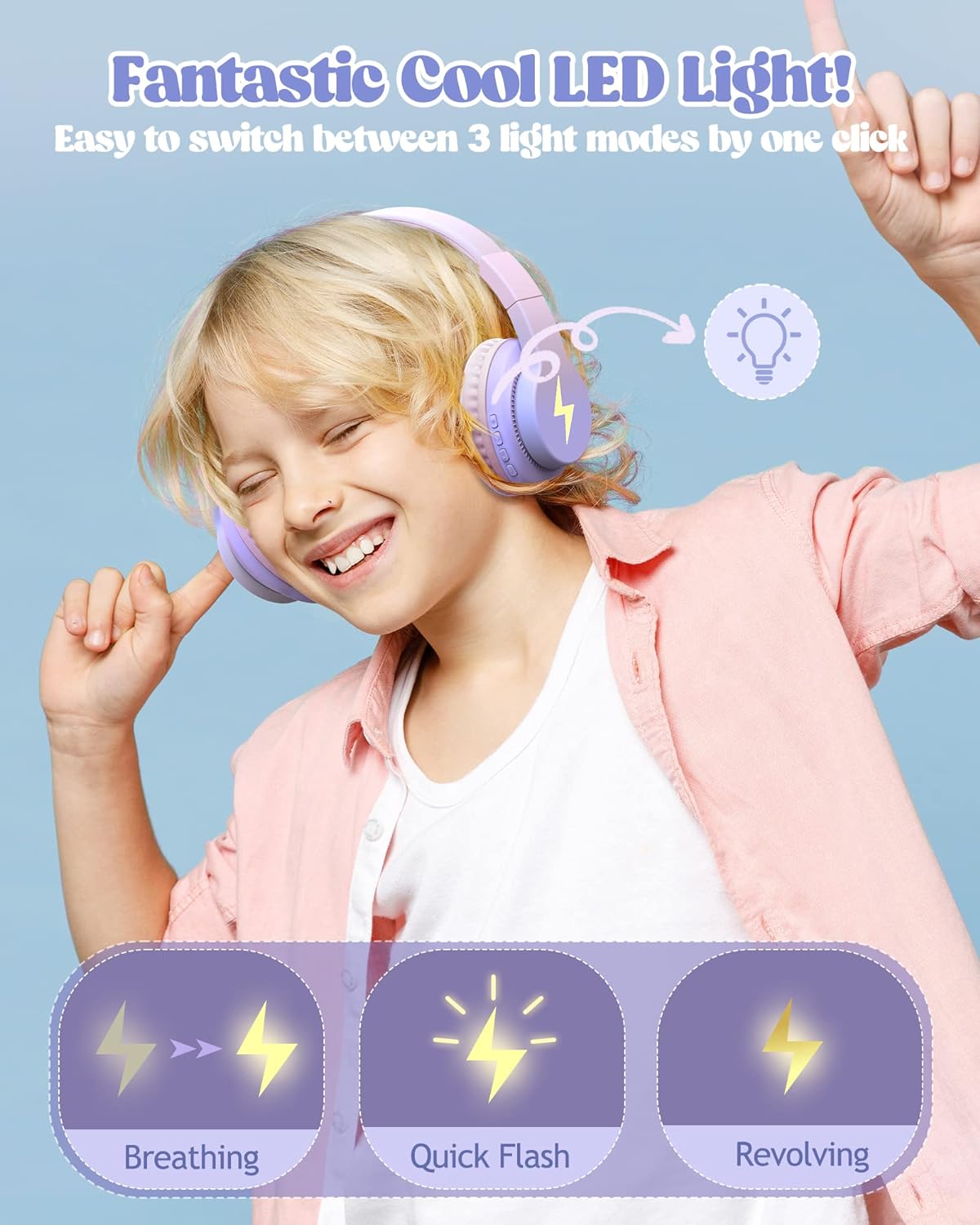 Kids Bluetooth Headphones, Colorful Wireless Over Ear Headset with LED Lights, Built-in Mic, 45H Playtime, 85dB/94dB Volume Limited Headphones for Boys Girls iPad Tablet School Airplane (Blue)