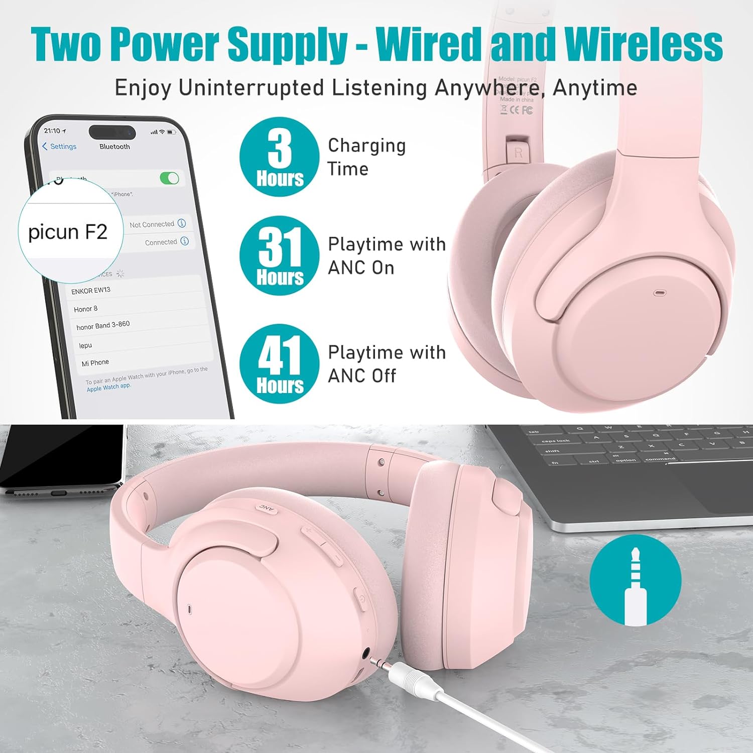 Wireless Headphones Noise Cancelling, PICUN 3D Spatial Audio Foldable Over Ear Bluetooth Headphone with Mic, Voice Assistant, 31H ANC Playtime, Comfort Fit Perfect for Travel, Home, Office F2(Beige)