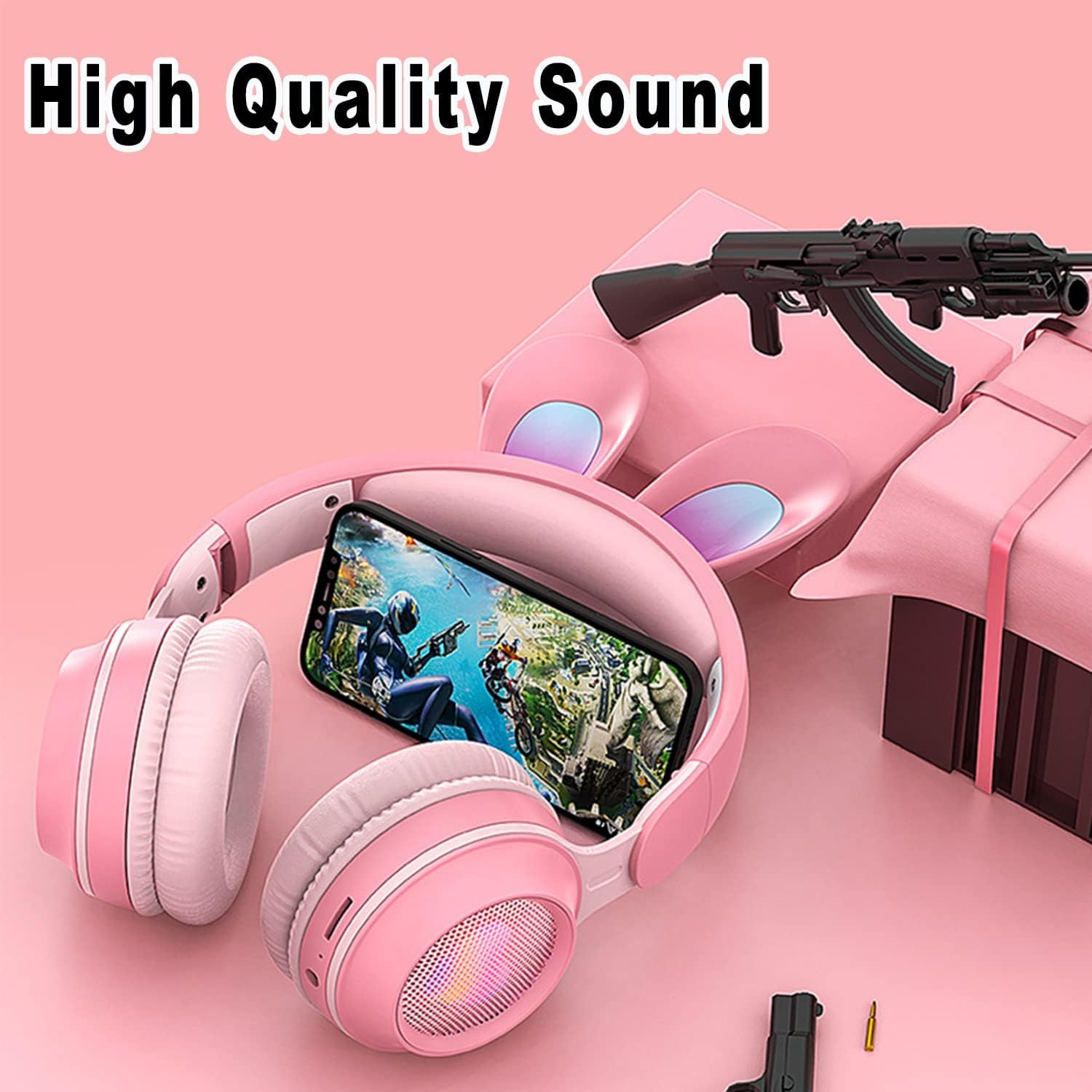 Excefore Over Ear Headphone, Bluetooth Headphones for Kids, Wireless Foldable Kids Headset with LED Rabbit Ears Removeable Noise Cancelling Microphone for Girls on School, Travel, Gaming (Pink)