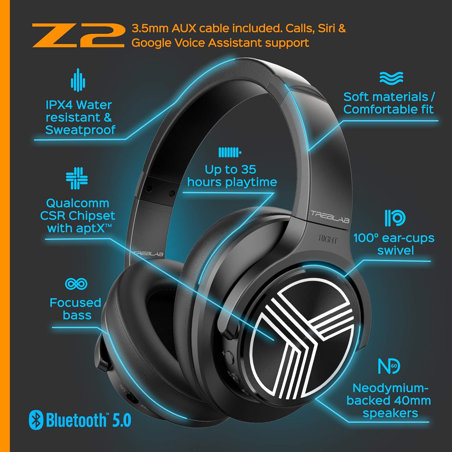TREBLAB Z2 - Premium Sports Wireless Headphones - Active Noise Cancelling T-Quiet ANC, Bluetooth aptX Ultra-HD Sound, Over Ear Neodymium Speakers, 35H Playtime, Microphone, Best For Gym Workout Travel