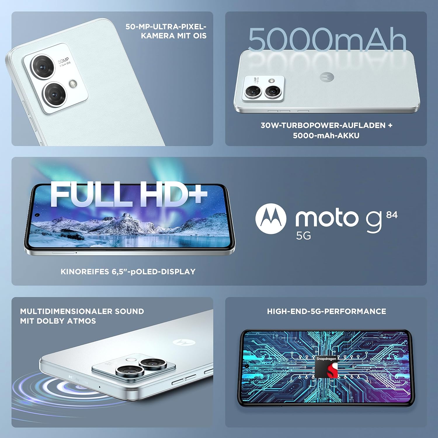 motorola Motorola Moto G84 Dual-SIM 256GB ROM + 12GB RAM (Only GSM | No CDMA) Factory Unlocked 5G Smartphone (Marshmallow Blue) - International Version