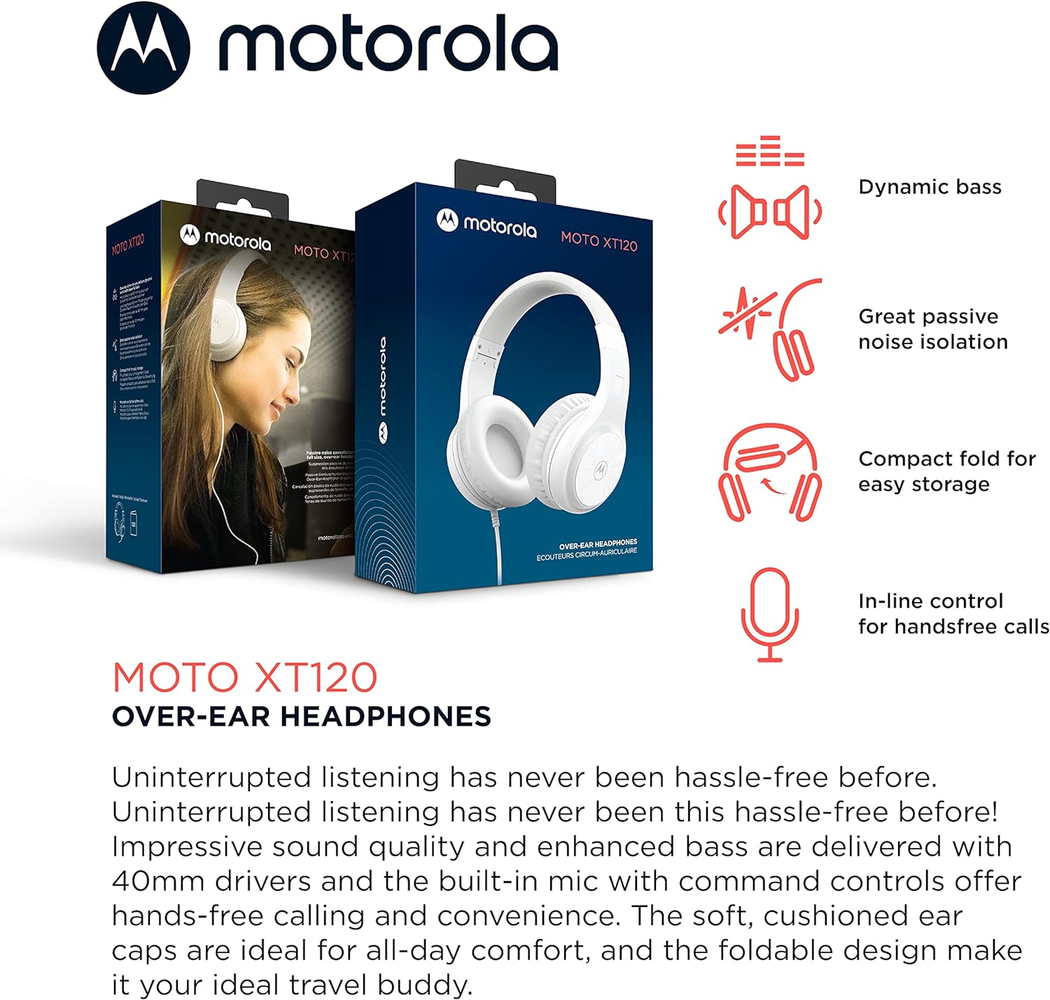 Motorola Over-Ear Headphones Wired - Moto XT120 Headphones with Microphone, in-Line Control for Calls - Foldable Head Phones, Adjustable Cushioned Headband - Dynamic Bass, Clear Sound - White