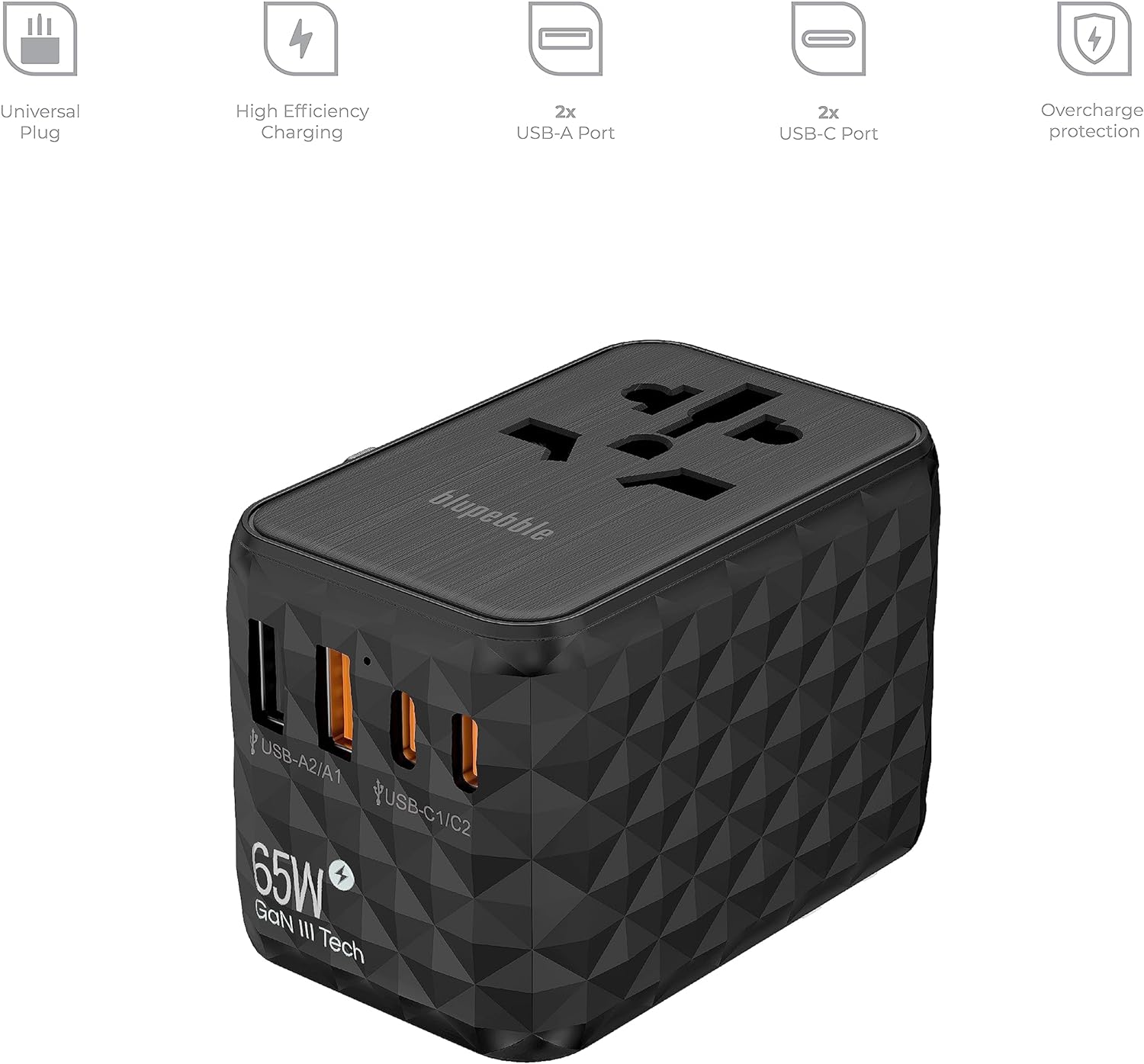 Blupebble Passport 2.1 World Travel Adapter with 2 USB-C + 2 USB-A ports, 65W PD Fast Charge and 60W QC 3.0 Charging Max for EU, UK, USA, AU, Power Adapter Socket for Multi Countries (Black)