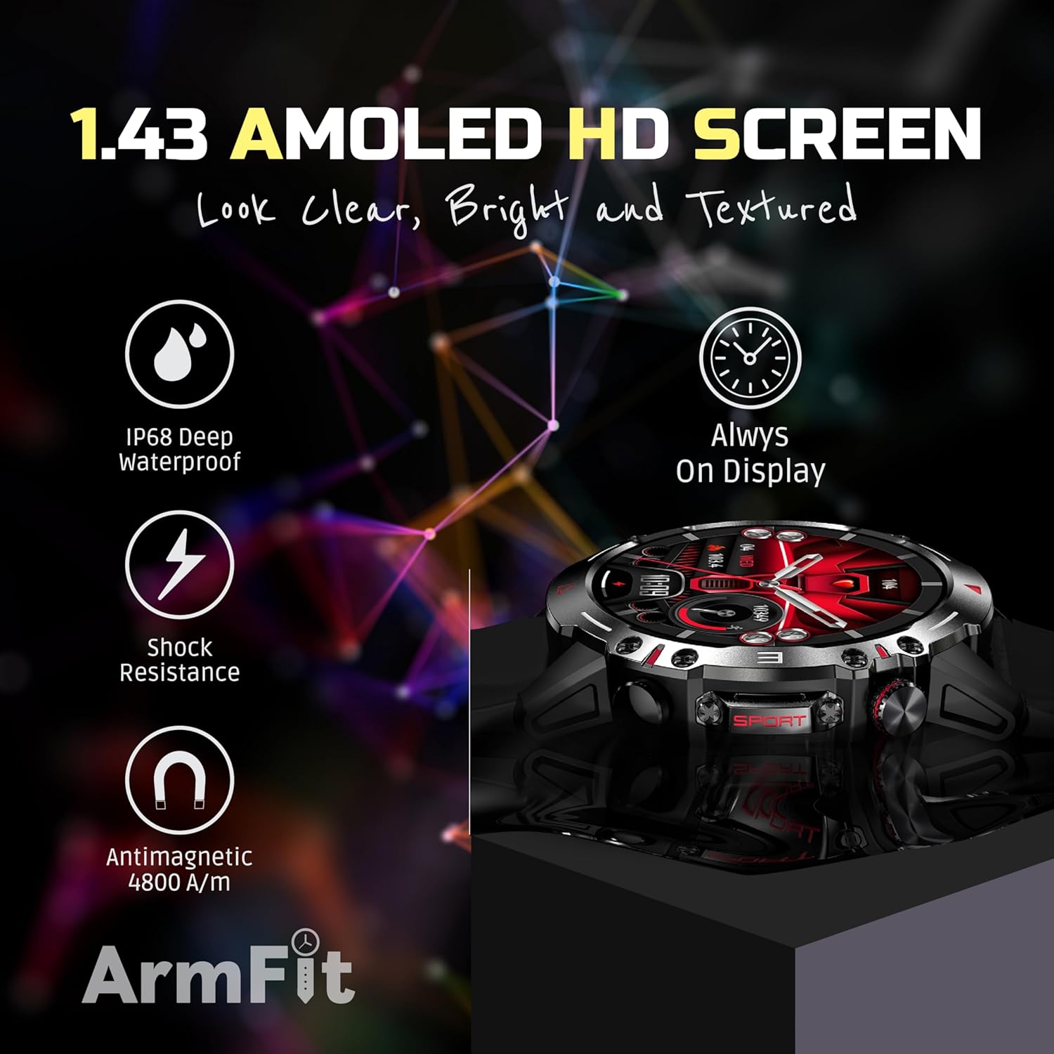 Armfit HULK Smart watch with AMOLED Always On Display Smartwatches for men, BT Calling Waterproof Fitness Watch with Heart Sleep Monitor for Android iOS (Black)