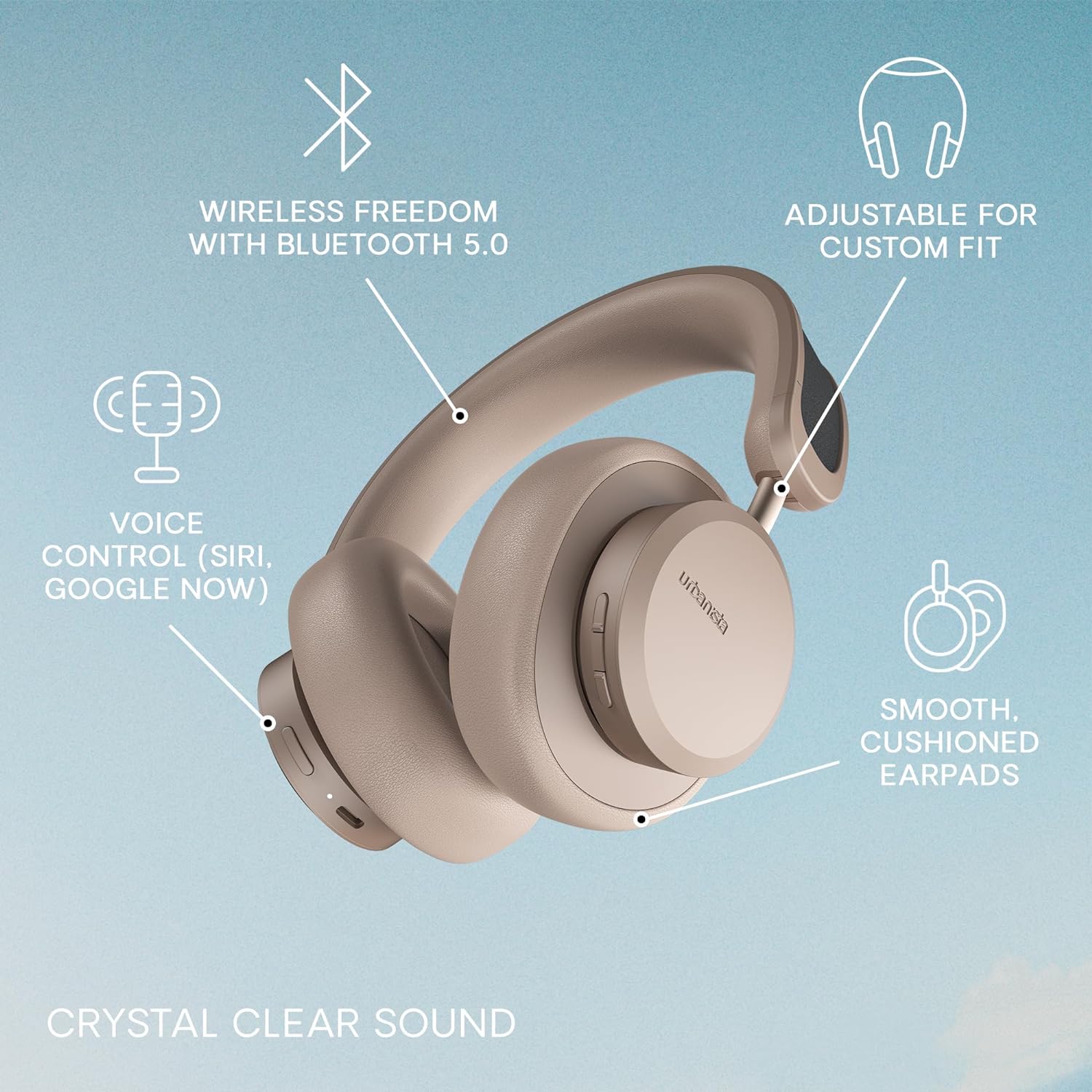 Urbanista Los Angeles Solar Powered Active Noise Cancelling Headphones with Infinite Playtime, Powerfoyle Self Charging Wireless Over Ear Bluetooth 5.0 Earphones, On Detection, Sand Gold