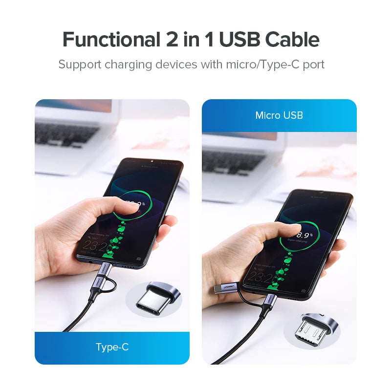 Ugreen USB Type C Cable for Samsung Galaxy S10 S9 2 in 1 Fast Micro USB Cable Charging Data Cable Mobile Phone USB Charger Cord
