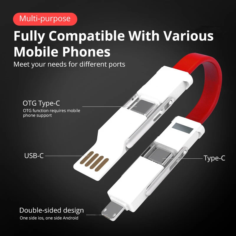 4 In 1 Keychain USB Cable Magnetic Short Cable Power Bank Charge Micro Usb Type C Smartphone Cord USBC PD Charger Cable With OTG