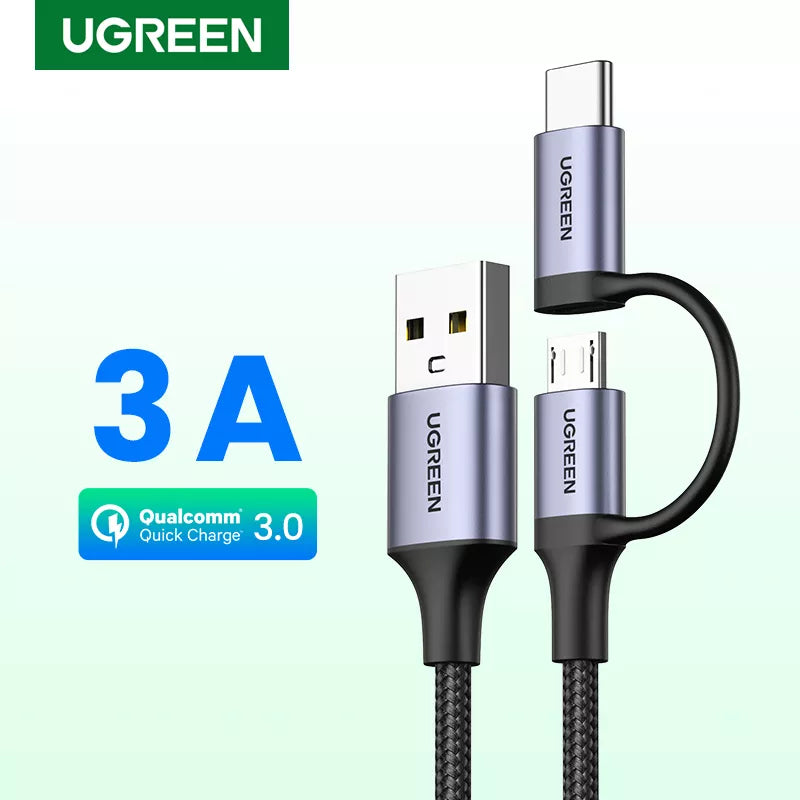 Ugreen USB Type C Cable for Samsung Galaxy S10 S9 2 in 1 Fast Micro USB Cable Charging Data Cable Mobile Phone USB Charger Cord