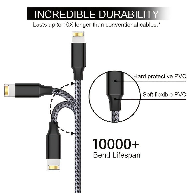 3 Packs 3.05meter Charger Cable Nylon Braided Fast Charging For IPhone Cable  Charger Fast ,for IPhone 14/13/12/11 Pro Max/Xr/Xs/8/7/6 Plus, For IPad Mini Black White