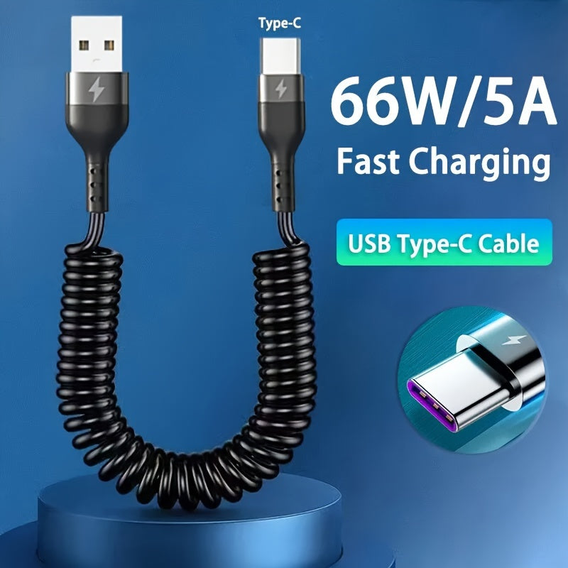 5A 66W USB To Type C Fast Charging Data Cable For Xiaomi, Redmi, POCO, Honor, Samsung, OPPO, VIVO Mobile Phone Charger Accessories Car USB Charge Cable Spring Telescopic USB C Cord Max Stretch 1m/1.5m