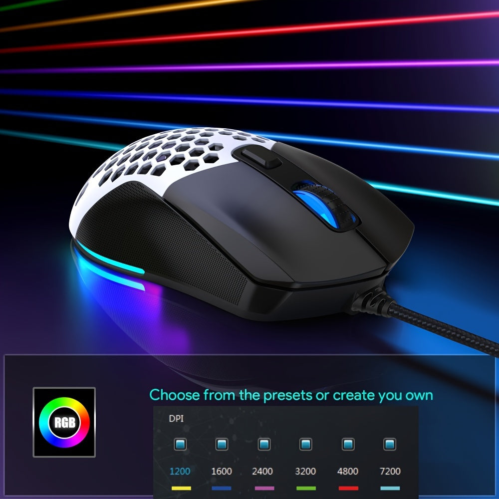 HXSJ New USB Wired Game Mouse RGB Backlit Braid 7200DPI Adjustable Back Cover Replaceable Home Optical Mouse