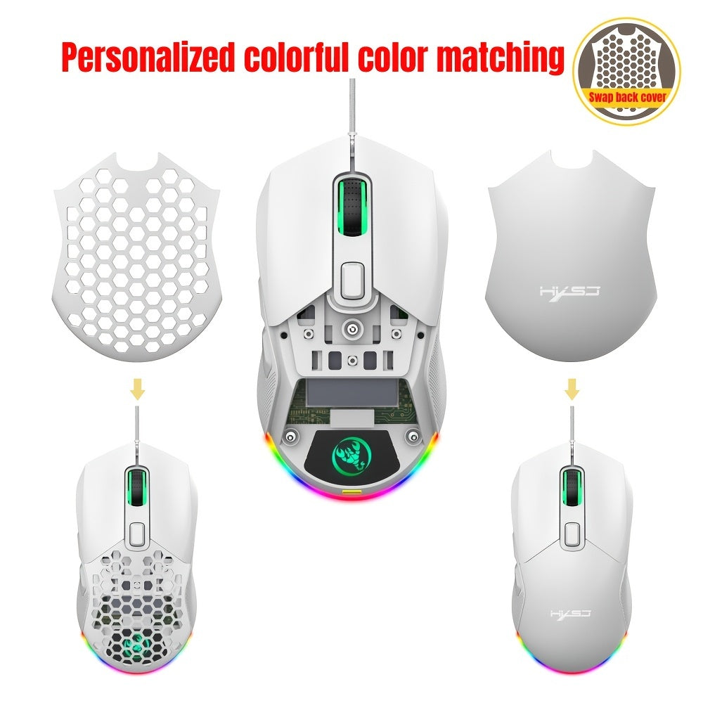 HXSJ New USB Wired Game Mouse RGB Backlit Braid 7200DPI Adjustable Back Cover Replaceable Home Optical Mouse