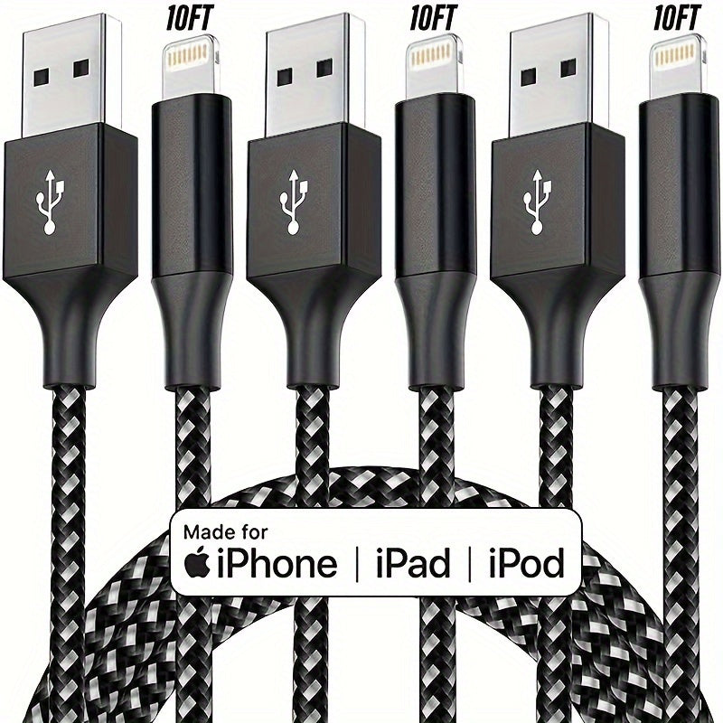 3 Packs 3.05meter Charger Cable Nylon Braided Fast Charging For IPhone Cable  Charger Fast ,for IPhone 14/13/12/11 Pro Max/Xr/Xs/8/7/6 Plus, For IPad Mini Black White